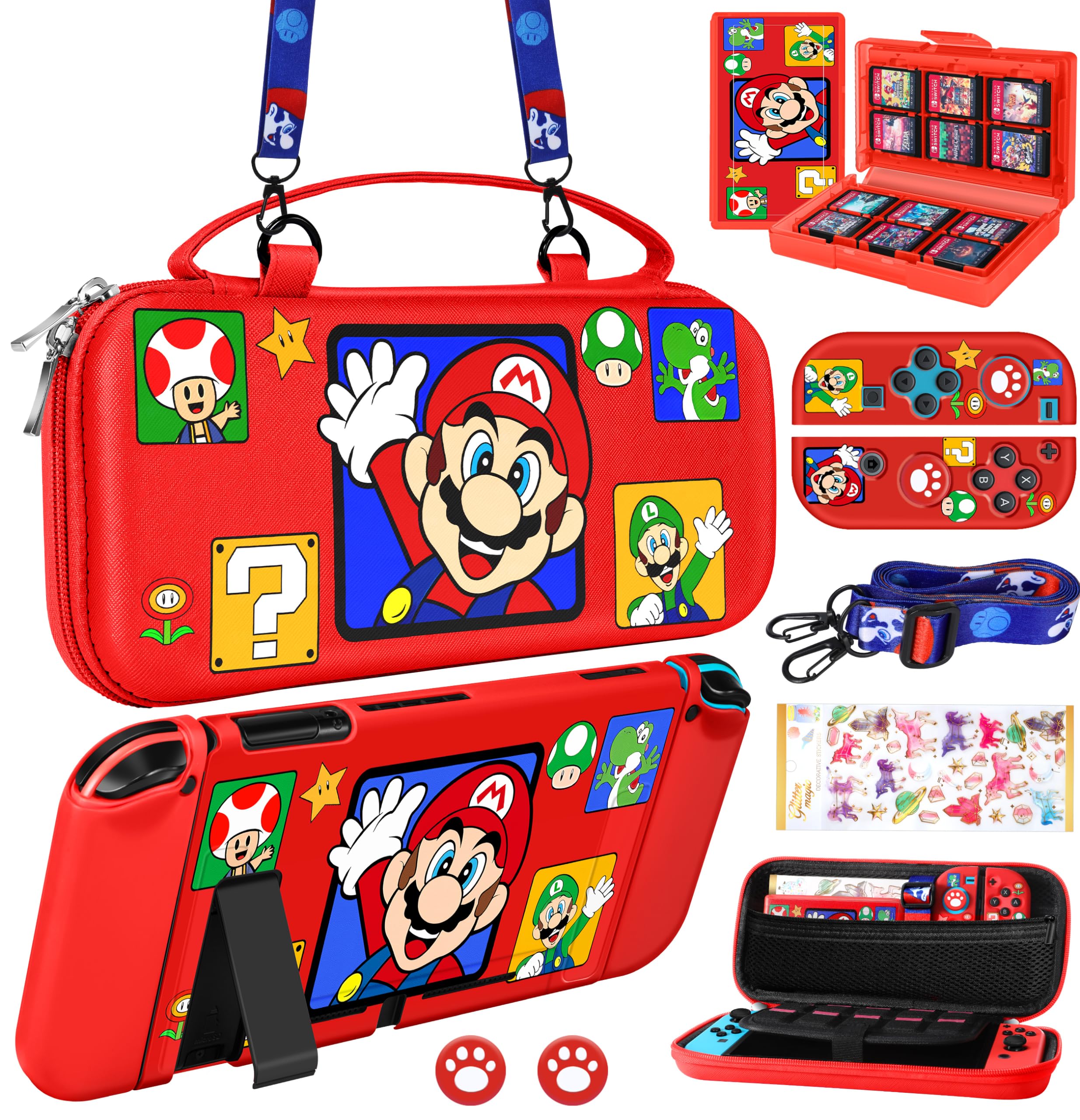 Nintendo Switch 9-in-1 Storage Accessories Kit - Travel Carrying Case, Protective Cover, Game Holder, Strap, Stickers, Joycon Shells & Thumb Caps for Boys, Girls & Kids (Red) | Perfect for Travel, Gaming Parties & Switch Protection
