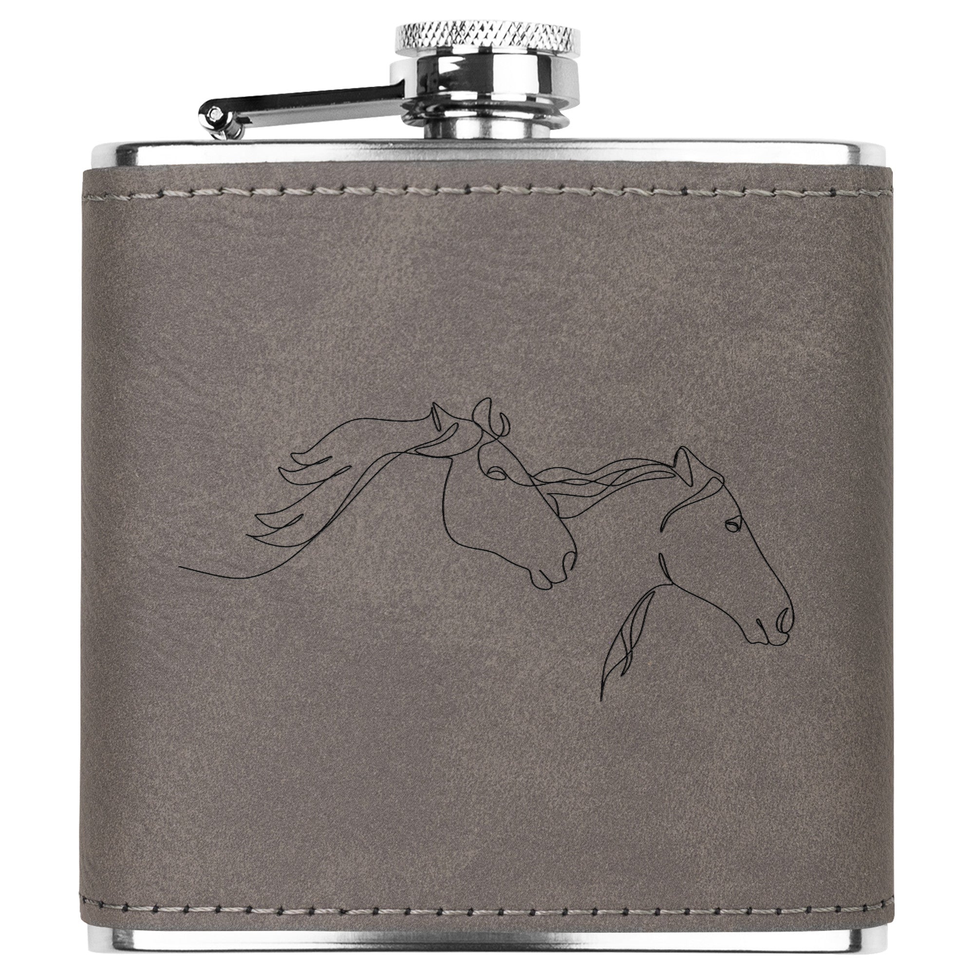 Premium Leather Hip Flask with Engraved Running Horses Design - Stainless Steel Metal Flask for Whiskey, Bourbon & Liquor - Perfect for Outdoor Adventures, Camping & Gifting