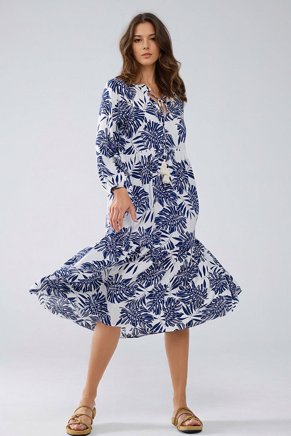Boho Long Sleeve Balloon Robe with Dark Blue and White Leaf Print - Perfect for Beach Cover-Ups, Loungewear, and Boho Chic Outfits