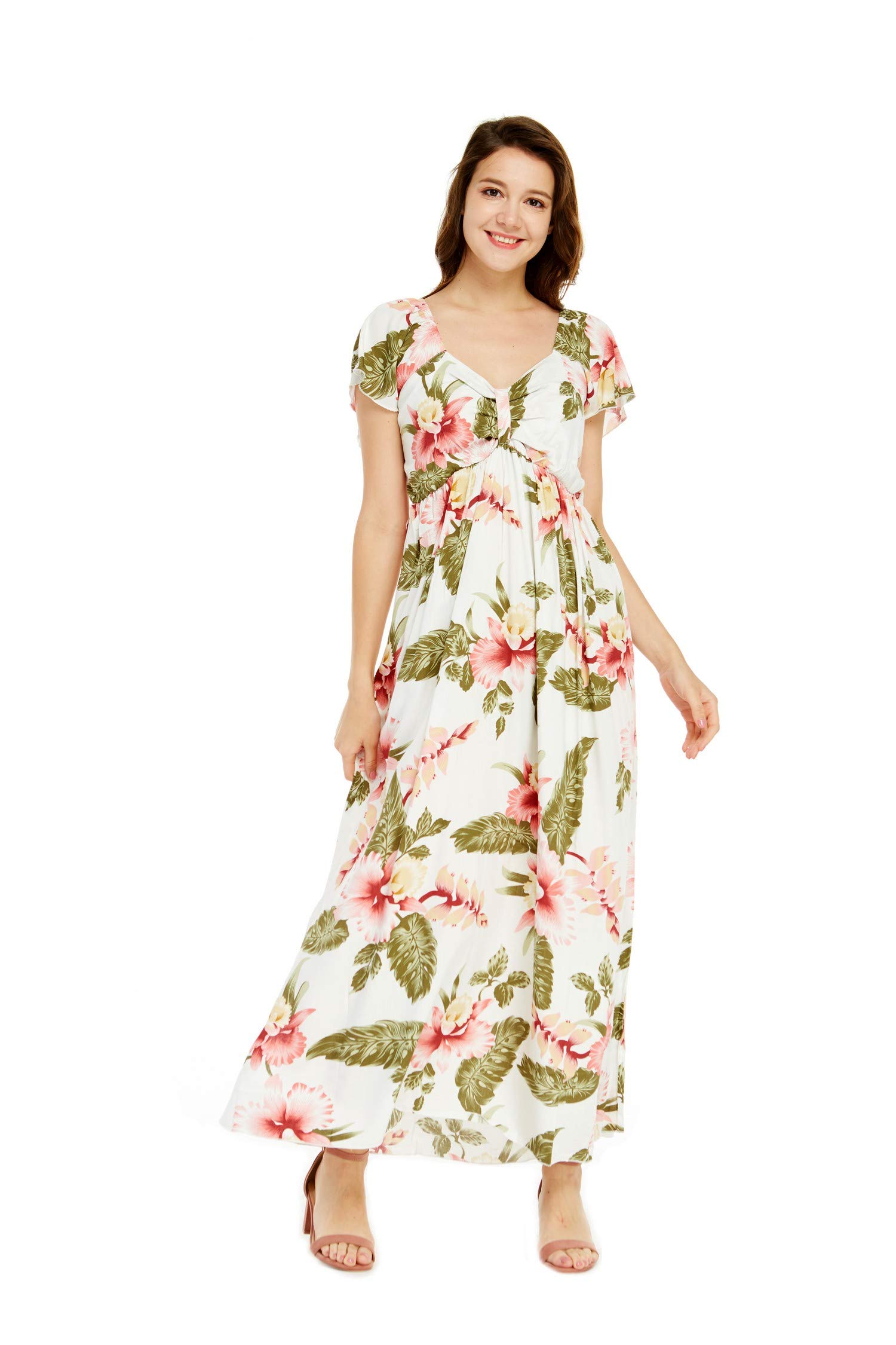 Floral Hawaiian Couple Matching Luau Aloha Shirt & Maxi Ruffle Sleeve Dress Set - Tropical Beach Vacation Outfits for Summer Parties, Honeymoon & Date Nights