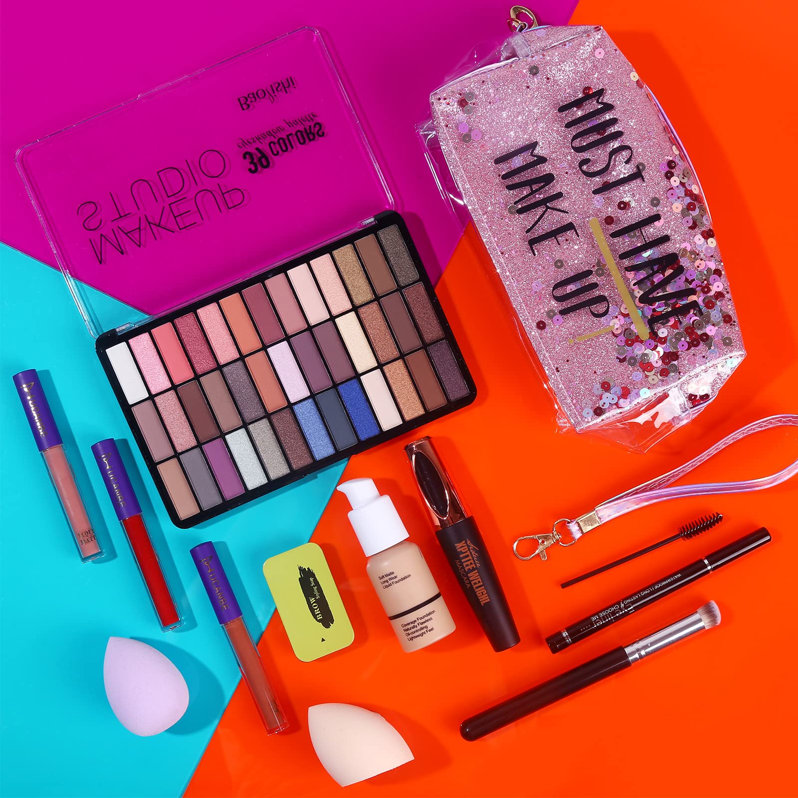 39 Colors Nude & Smokey Eyeshadow Palette Makeup Set - Complete Kit with Liquid Foundation, Concealer Brush, Mascara, Eyeliner, Matte Lipstick, Eyebrow Gel & Sponges | Perfect for Daily Makeup, Party Looks & Gift Giving