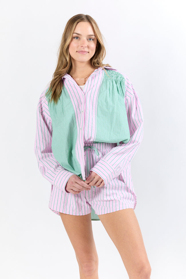 Stylish Light Pink & Green Multi-Stripe Button Down Shirt for Women | Casual & Office Wear | Summer Beach Outfits & Vacation Essentials