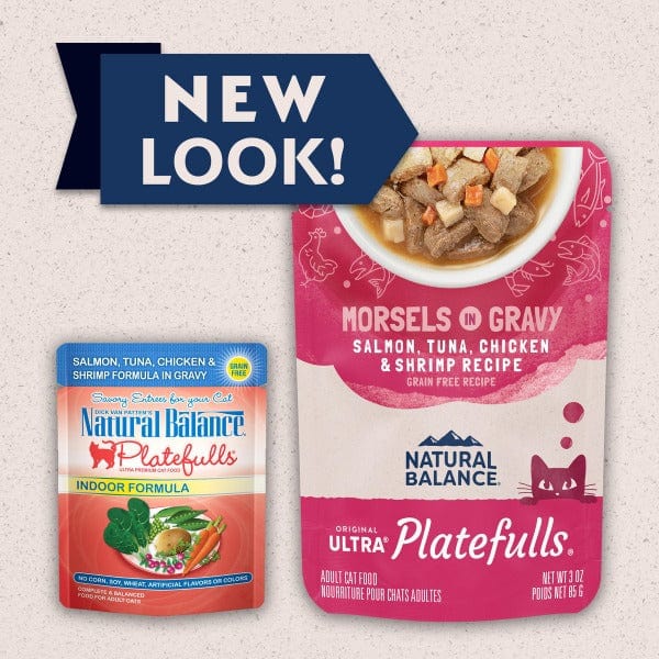 Natural Balance Platefulls Salmon, Tuna, Chicken & Shrimp Recipe Morsels in Gravy - Grain-Free Wet Cat Food Pouches for Adult Cats - Perfect for Mealtime, Travel & Picky Eaters