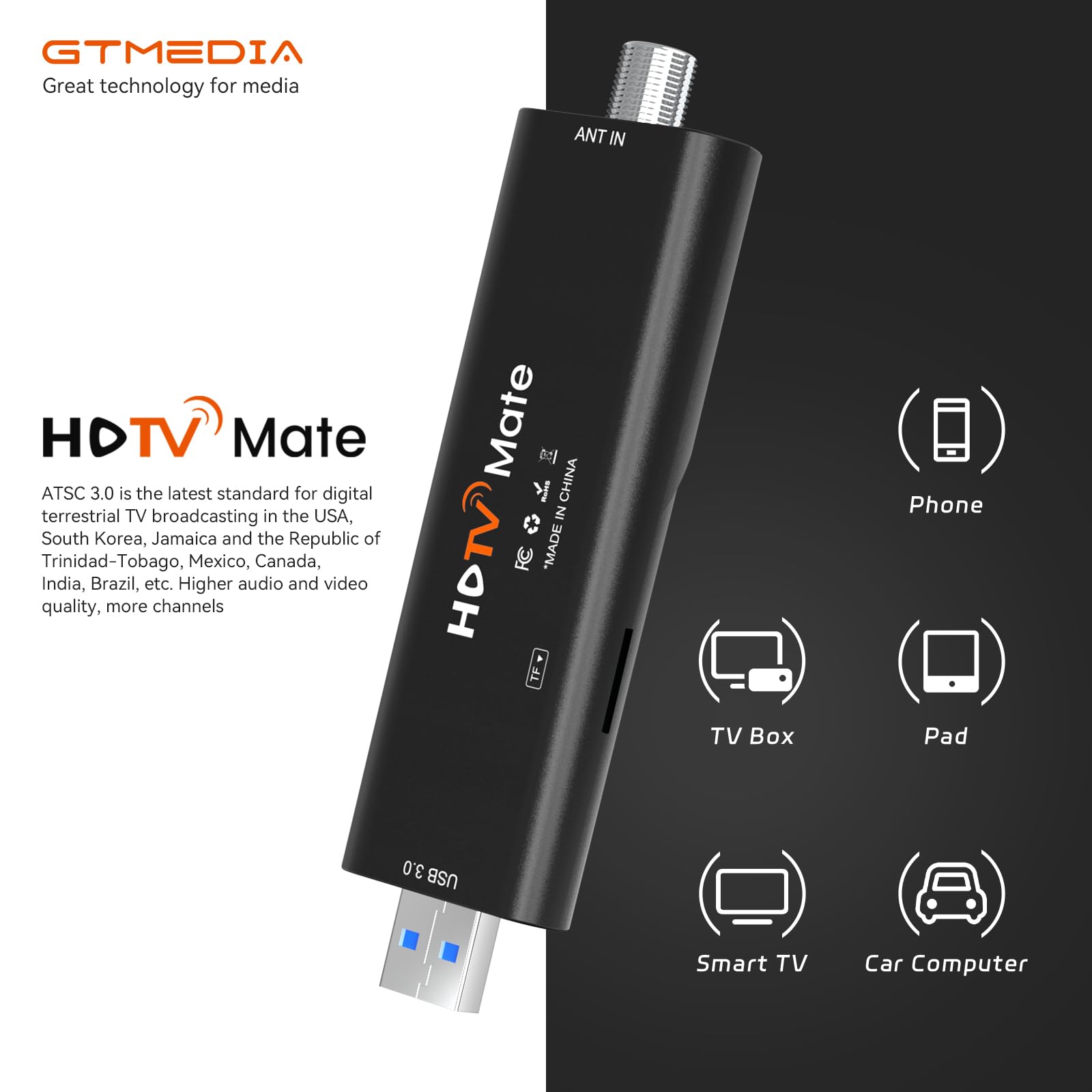 Next-Gen USB TV Tuner Stick - ATSC 3.0/1.0 Digital HDTV Receiver for Android Phones, Tablets & Car Computers | DVR Recording Support | Watch Live TV Anywhere | Perfect for Travel, Camping & Emergency Preparedness
