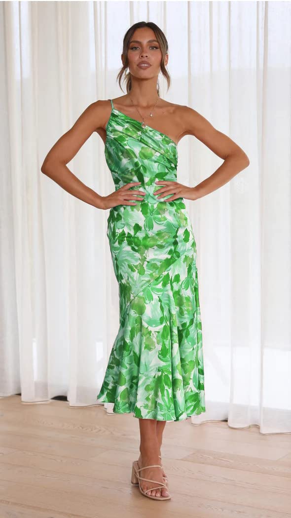 iXubem Women's Floral One Shoulder Spaghetti Strap Sexy Bodycon Dress - Elegant Wedding Guest & Cocktail Party Midi Dress for Evening Events, Date Nights & Special Occasions