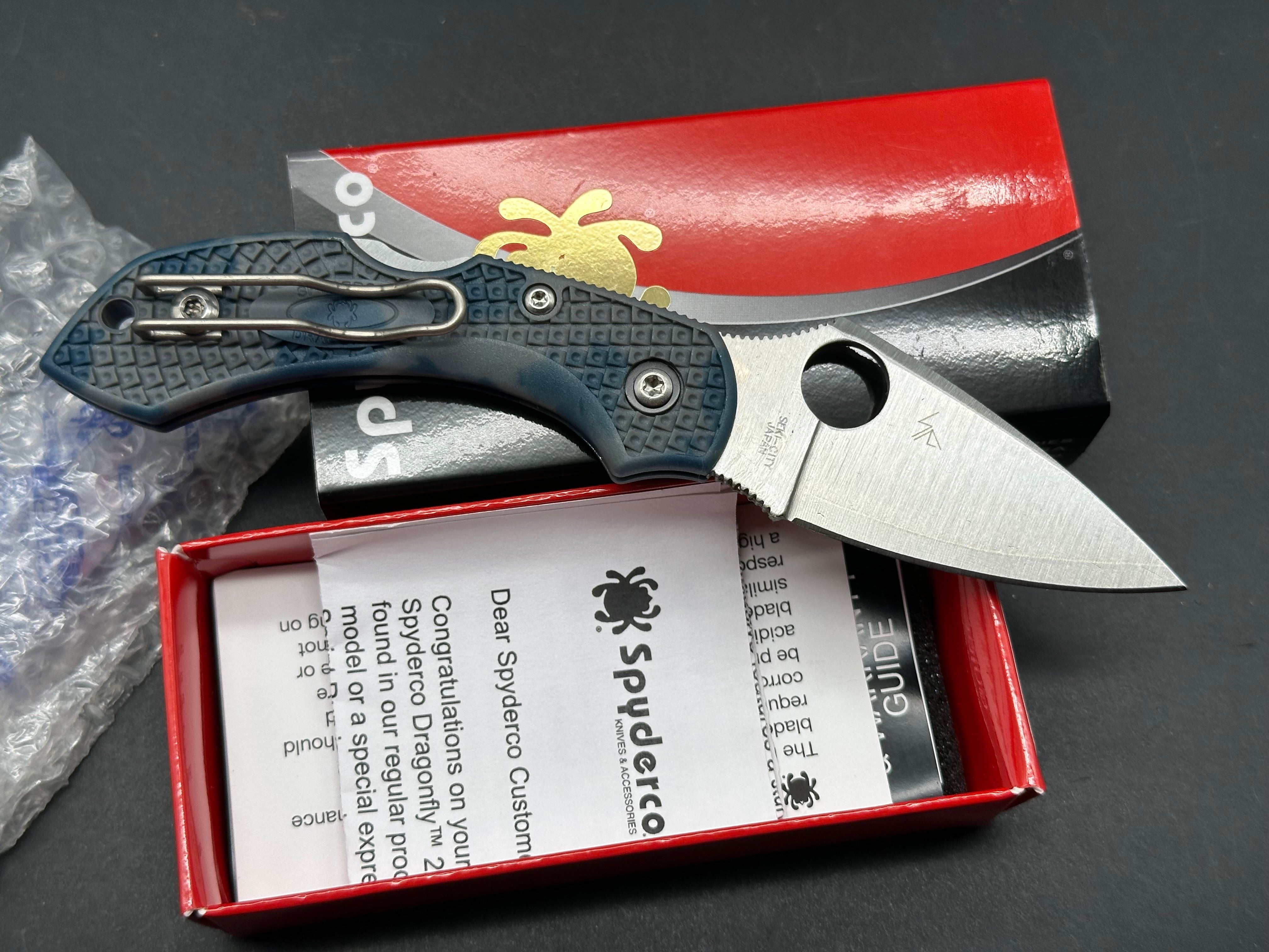 Spyderco Dragonfly Folding Knife - Zome Blue/Gray FRN Handle, Satin Superblue Steel Blade - New in Box - Perfect for EDC, Camping & Outdoor Activities