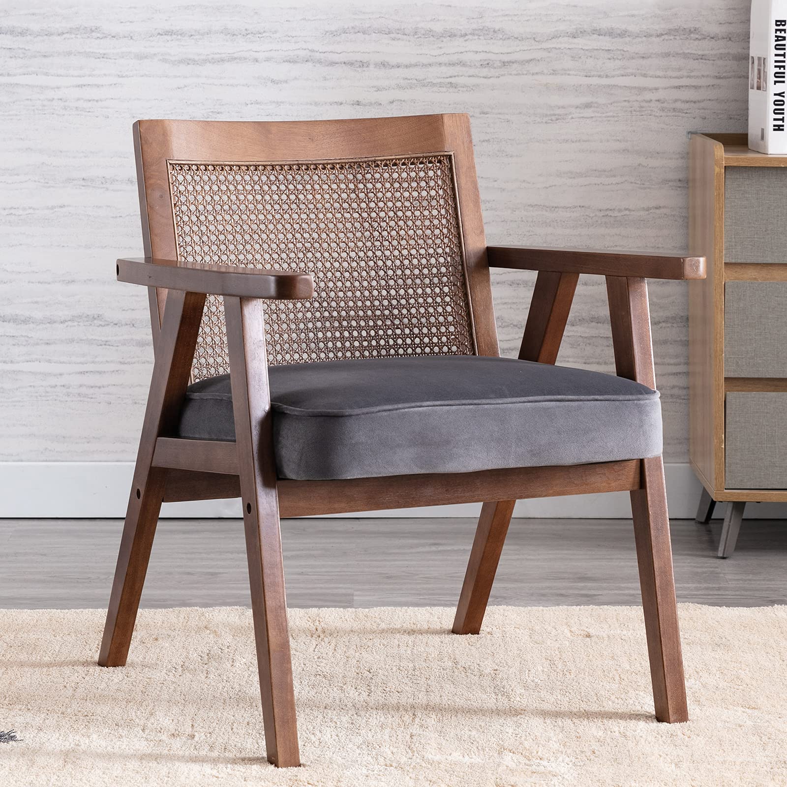 Mid Century Modern Rattan Accent Chair - Comfy Retro Boho Armchair with Mesh Back & Wooden Frame for Living Room, Bedroom, Patio - Indoor Outdoor Use (Gray) - Perfect for Relaxing, Reading & Home Decor