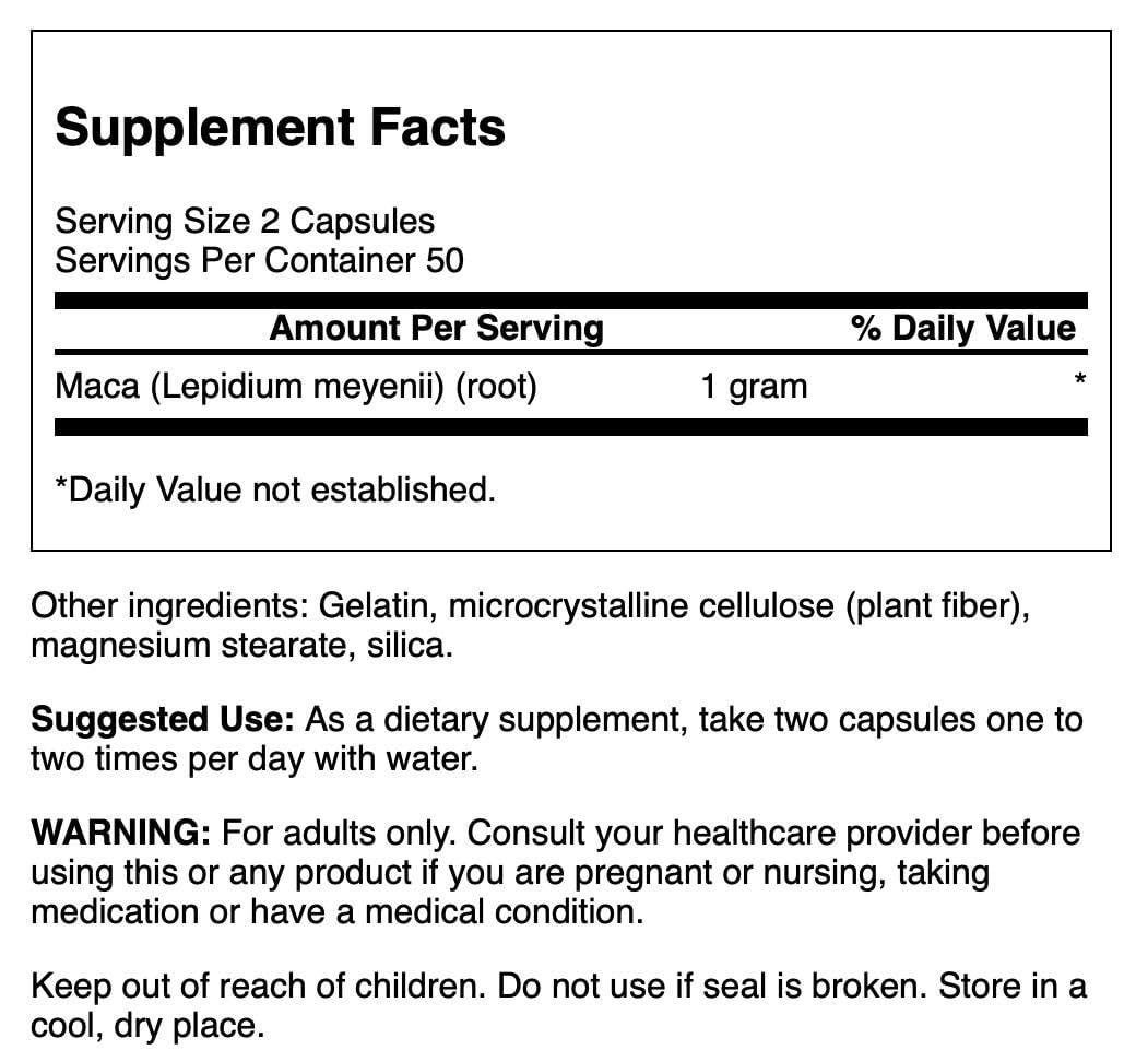 Swanson Maca Root 500mg - 100 Capsules for Energy, Stamina & Hormonal Balance - Supports Men & Women's Health - Natural Peruvian Superfood Supplement for Fitness & Wellness