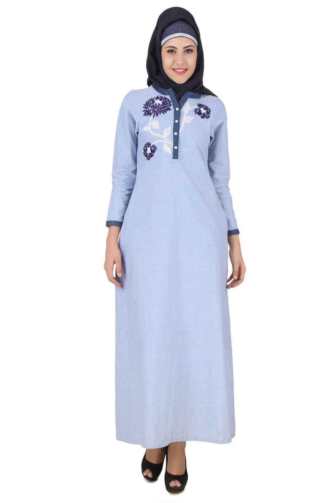Mahek Ice Blue Chambray Cotton Abaya - Modest Muslim Dress for Women | Lightweight & Breathable Prayer Dress | Perfect for Eid, Ramadan & Daily Wear