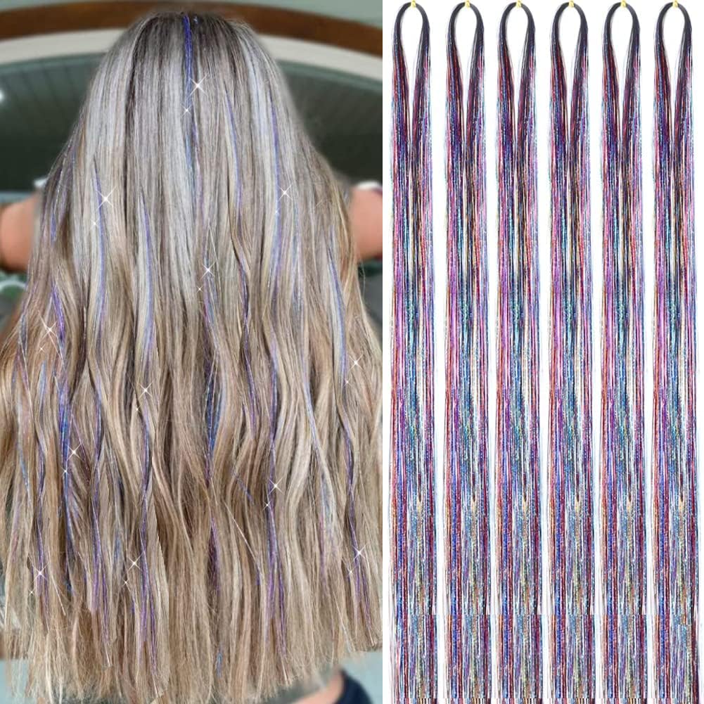 Premium Hair Tinsel Kit - 200 Strands Heat-Resistant Glitter Hair Extensions with 4 U-Shape Snap Clips (Rainbow) | Sparkling Fairy Hair for Women, Girls & Kids | Perfect for Parties, Festivals & Special Occasions