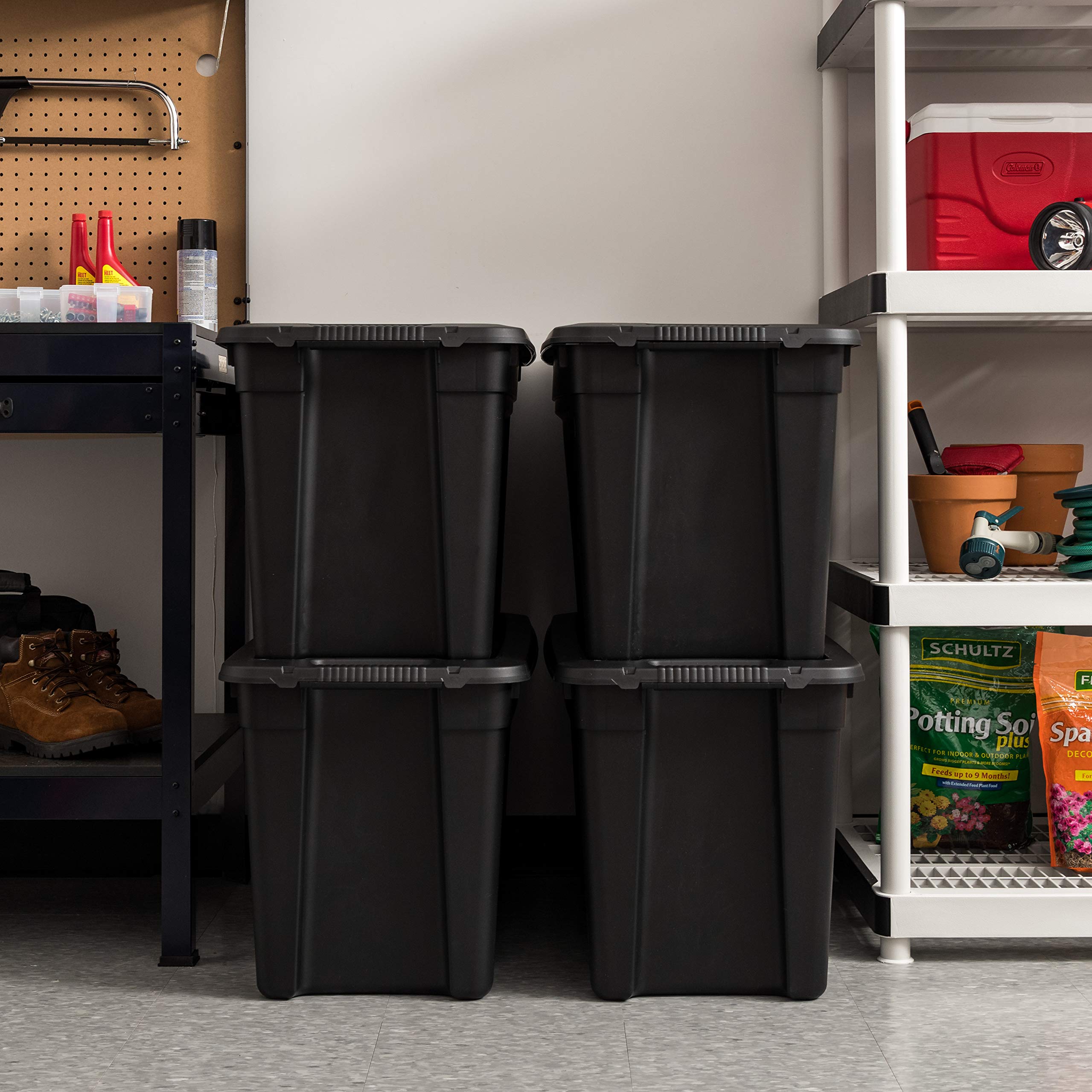 31 Gallon Heavy Duty Storage Totes with Easy-Grip Handles - 4 Pack Stackable Utility Bins with Lids | Durable Garage Organization Containers | Made in USA (Black) | Perfect for Home, Office & Warehouse Storage Solutions