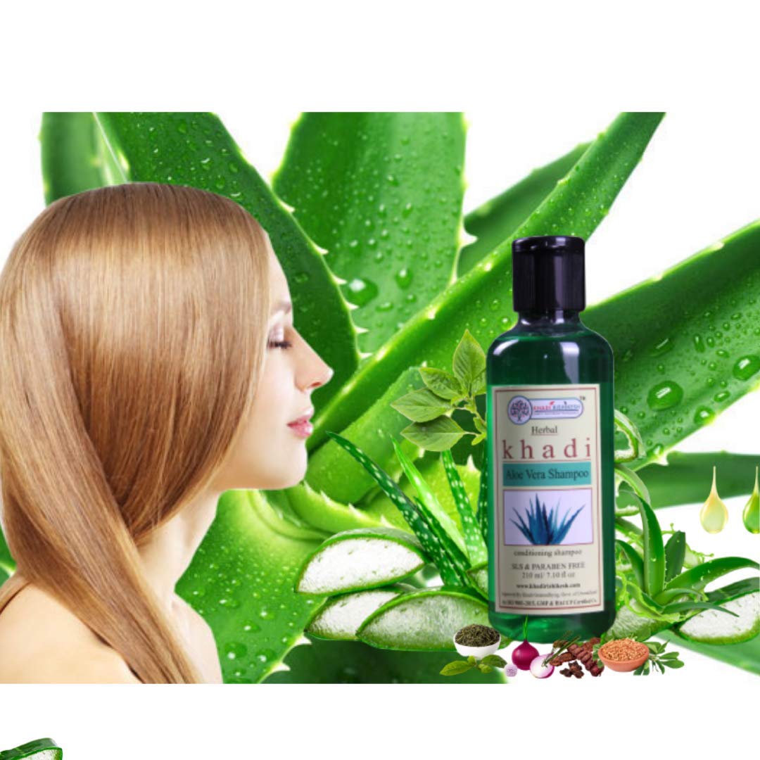 Khadi Rishikesh Herbal Aloe Vera Shampoo for Dandruff Removal & Hair Growth - Natural Ingredients with Aloe Vera, Onion & Reetha - Paraben-Free Formula for Women & Men (210ml) - Includes Free Bath Sponge Loofah | Perfect for Daily Scalp Care & Healthy Hair Maintenance