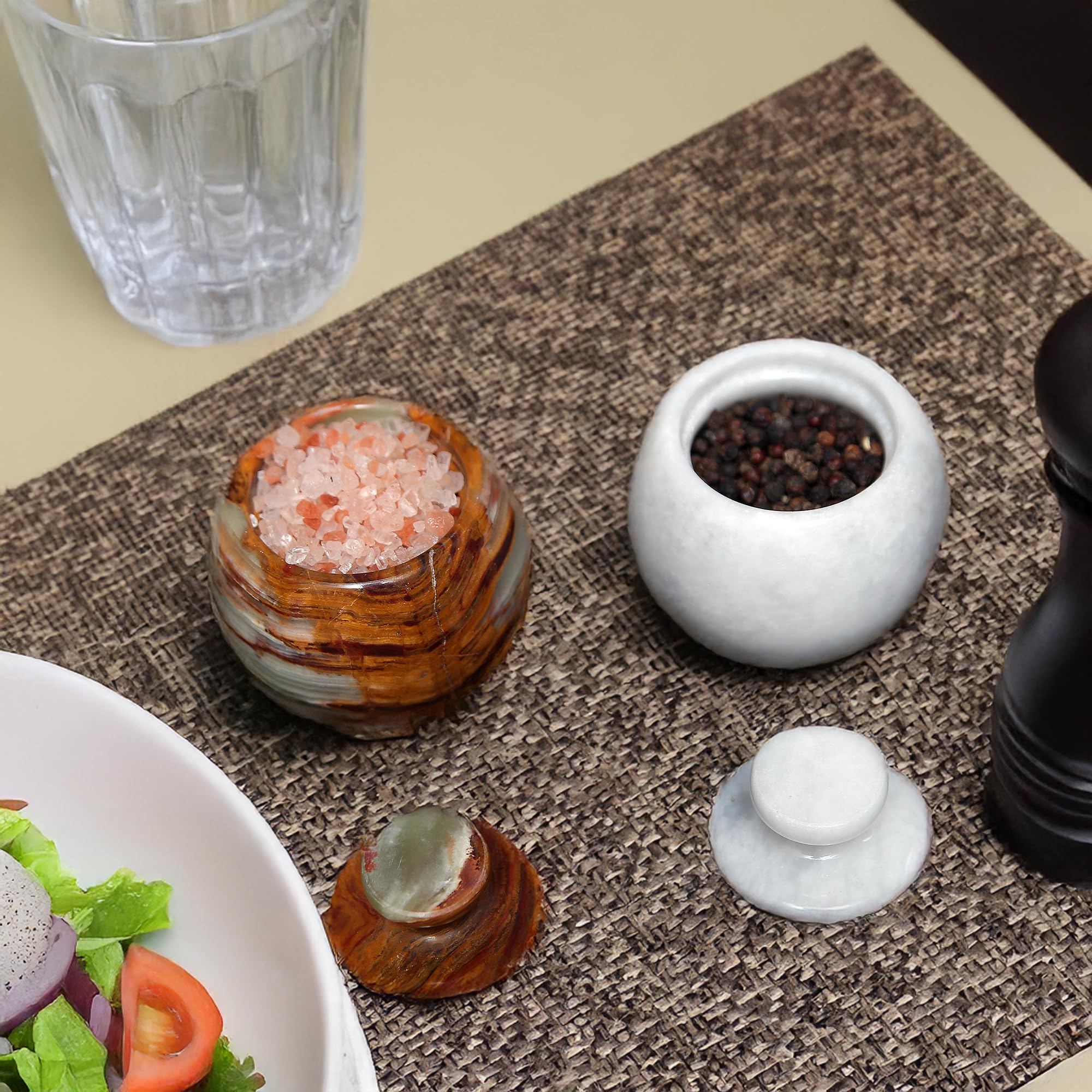 Premium Marble Salt Cellar with Lid - Set of 2 Elegant Marble Salt and Pepper Bowls - Airtight Spice Holder for Salt, Pepper, Paprika & Seasonings (Onyx Green & White, Style 02) - Perfect for Kitchen, Dining Table & Gourmet Cooking