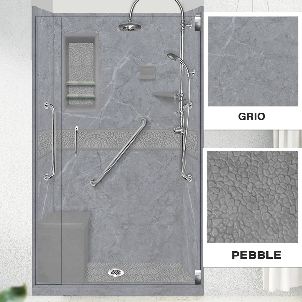 Freedom Grio Marble Pebble Alcove Shower Enclosure Kit - Waterproof Bathroom Shower Panel System with Natural Stone Design for Modern Home & Spa Renovation