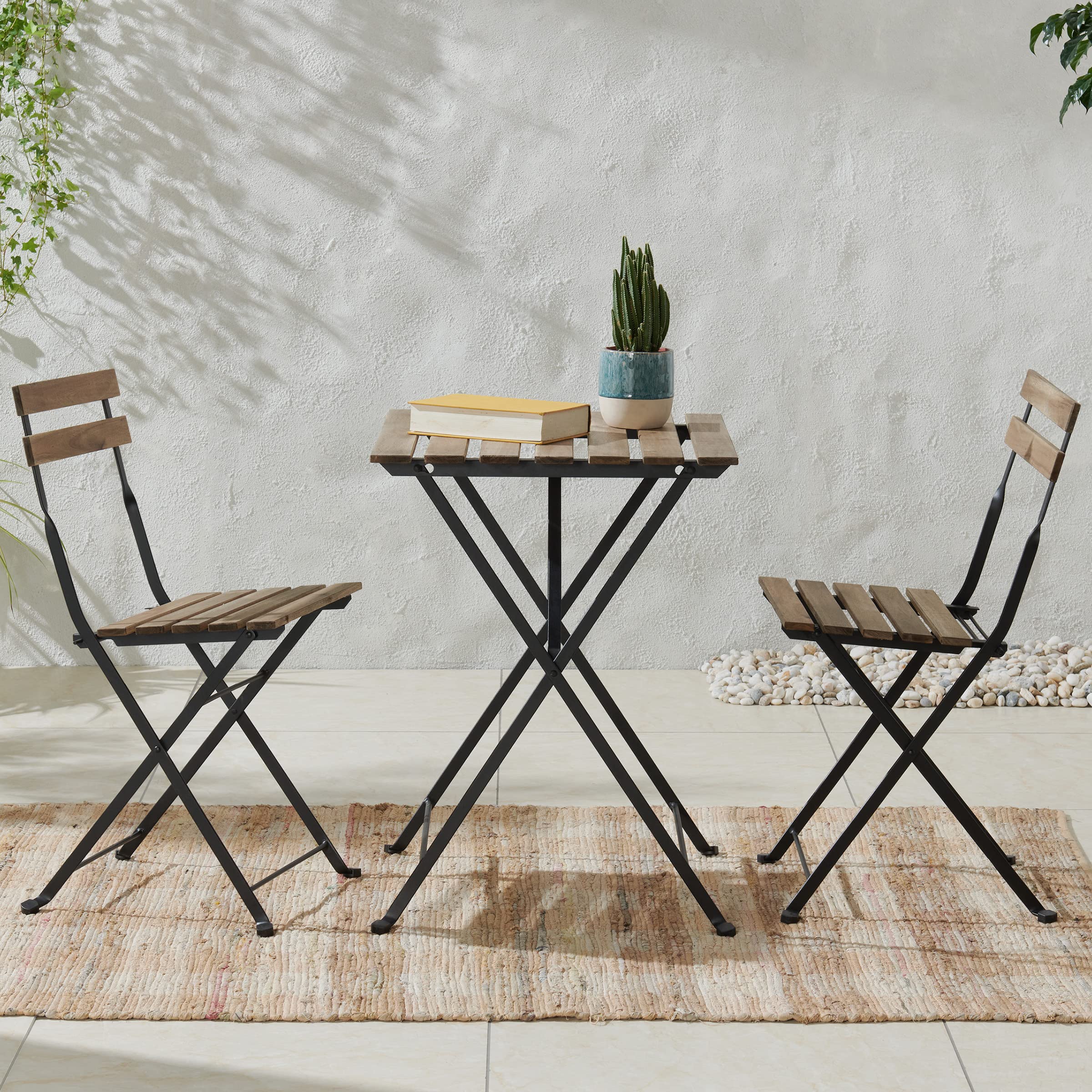 Premium 3-Piece Acacia Wood & Steel Folding Bistro Set - Outdoor Patio Furniture for Porch, Deck, Garden, Balcony & Small Space Dining - Weather-Resistant Café Table & Chairs by Lavish Home (Brown) - Perfect for Morning Coffee, Outdoor Entertaining & Compact Living Areas