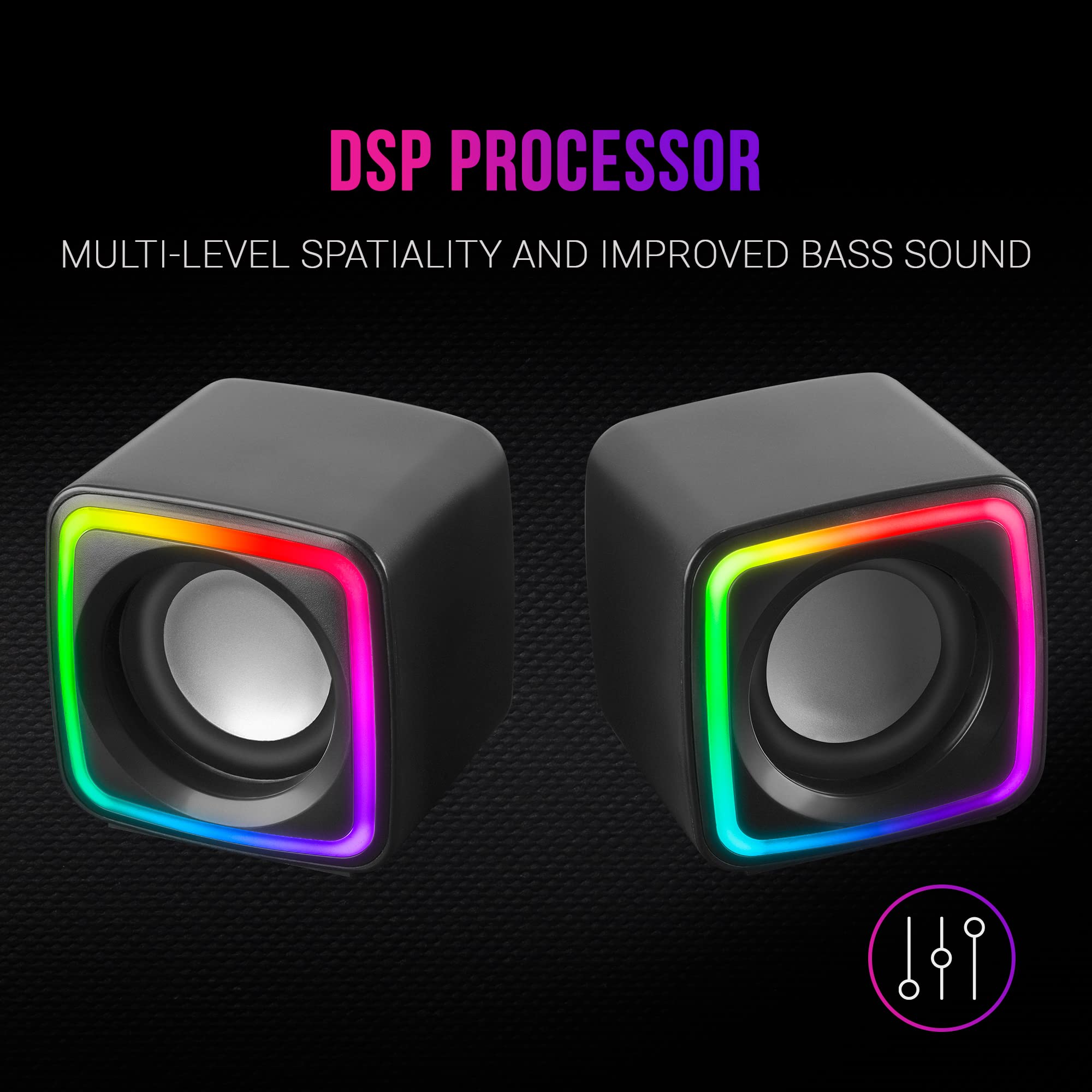 Mars Gaming MSCUBE Black - Compact RGB Gaming Speakers with 8W DSP Sound Processor & Volume Control - Perfect for PC, Laptop & Console Gaming Setup