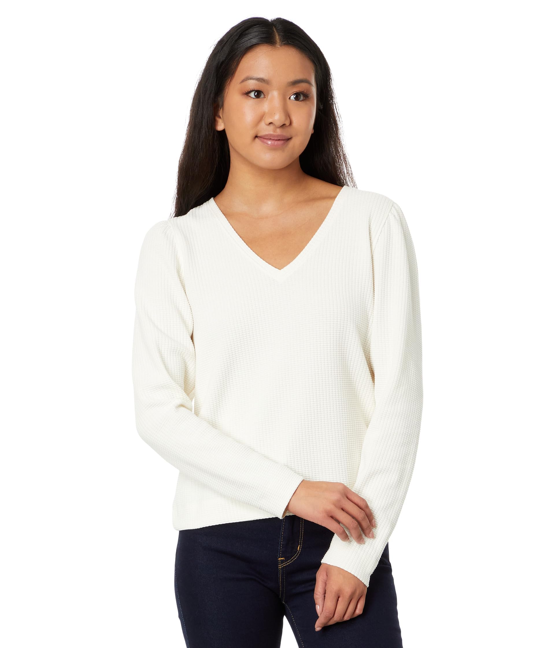 Lilla P Puff Sleeve Waffle V-Neck Top - Women's Casual Knit Blouse for Spring/Summer | Perfect for Office, Date Night & Weekend Outings