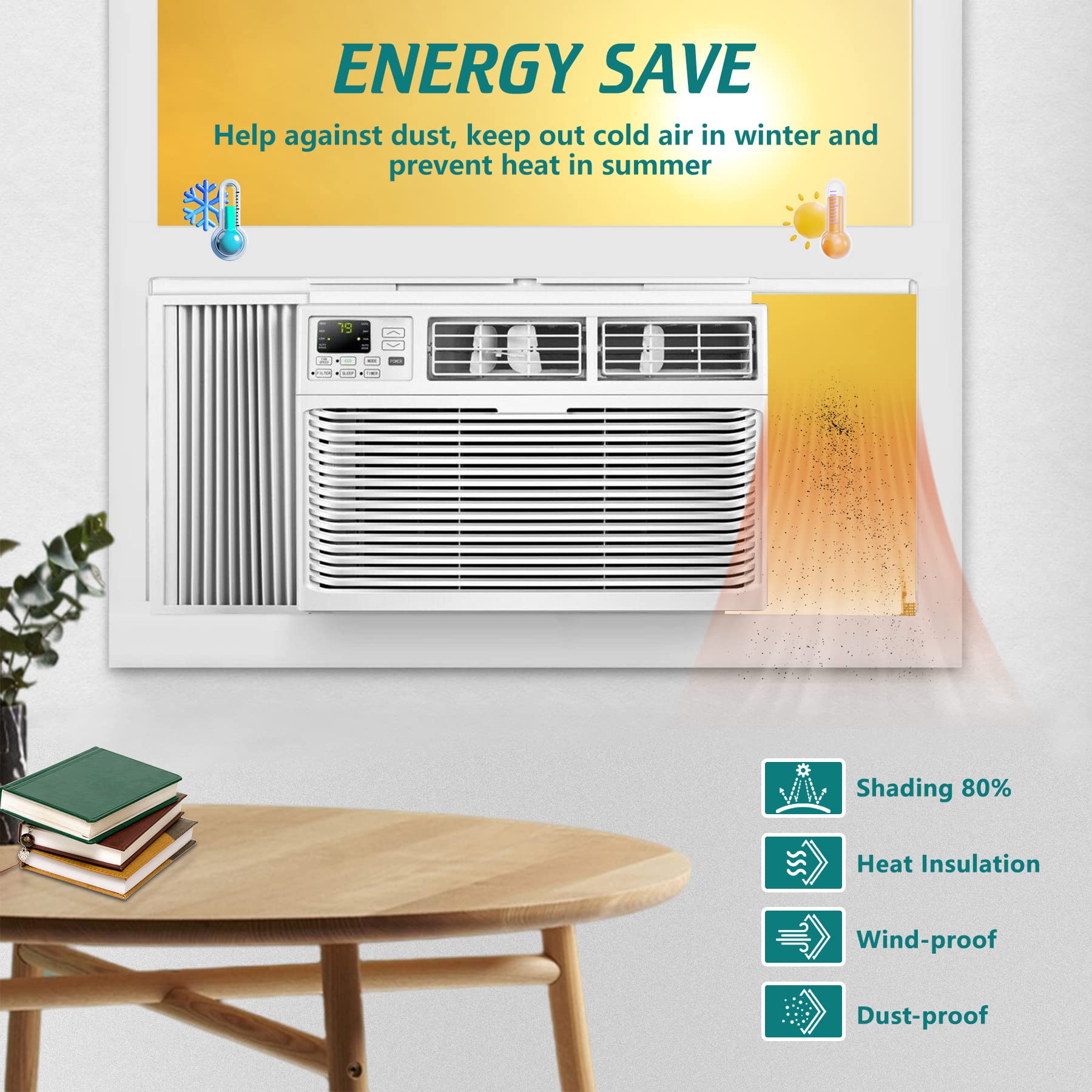 Window Air Conditioner Side Panels & Insulation Curtain Kit with Frame - Replacement Screen for 8,000 BTU AC Units | Perfect for Home Cooling, Energy Efficiency & AC Maintenance