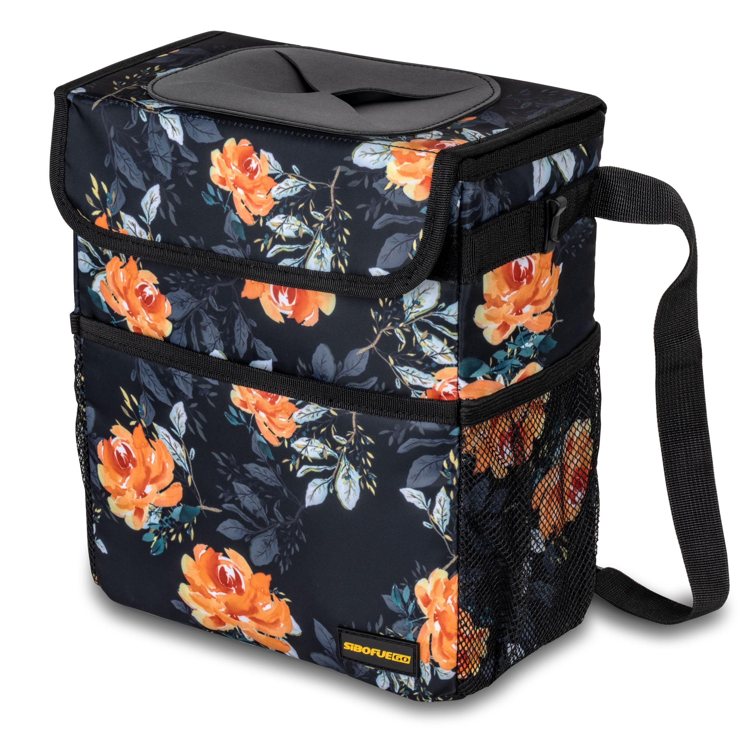 Leak-Proof Collapsible Car Trash Can with Lid - 2 Gallon Waterproof Garbage Bin with Storage Pockets & Adjustable Straps for Vehicles, Travel, Camping & Home Use (Flower Design)