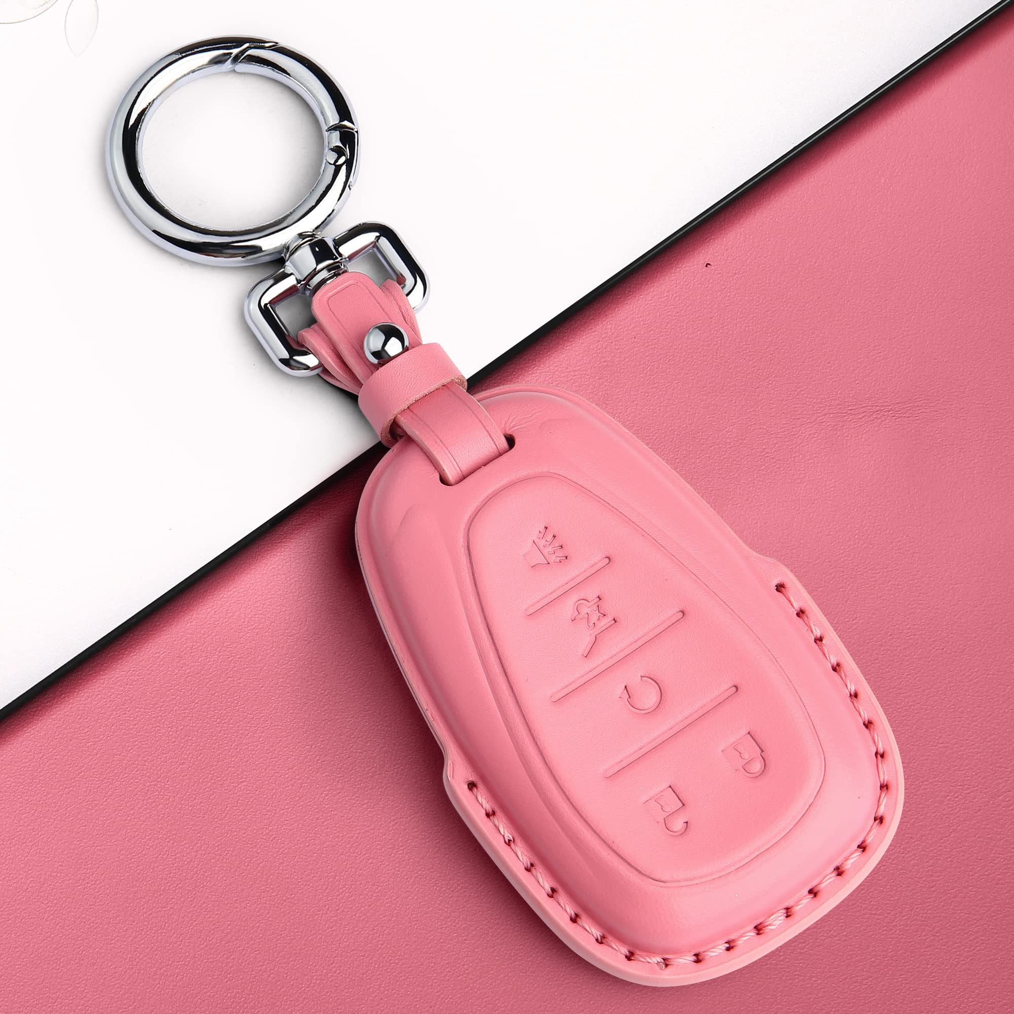 Tukellen Pink Leather Key Fob Cover Compatible with Chevrolet Camaro Malibu Cruze Trax Traverse Sonic Volt Equinox Spark (2017-2021 Models) - Durable Smart Remote Key Case Protector for Daily Use & Car Key Organization