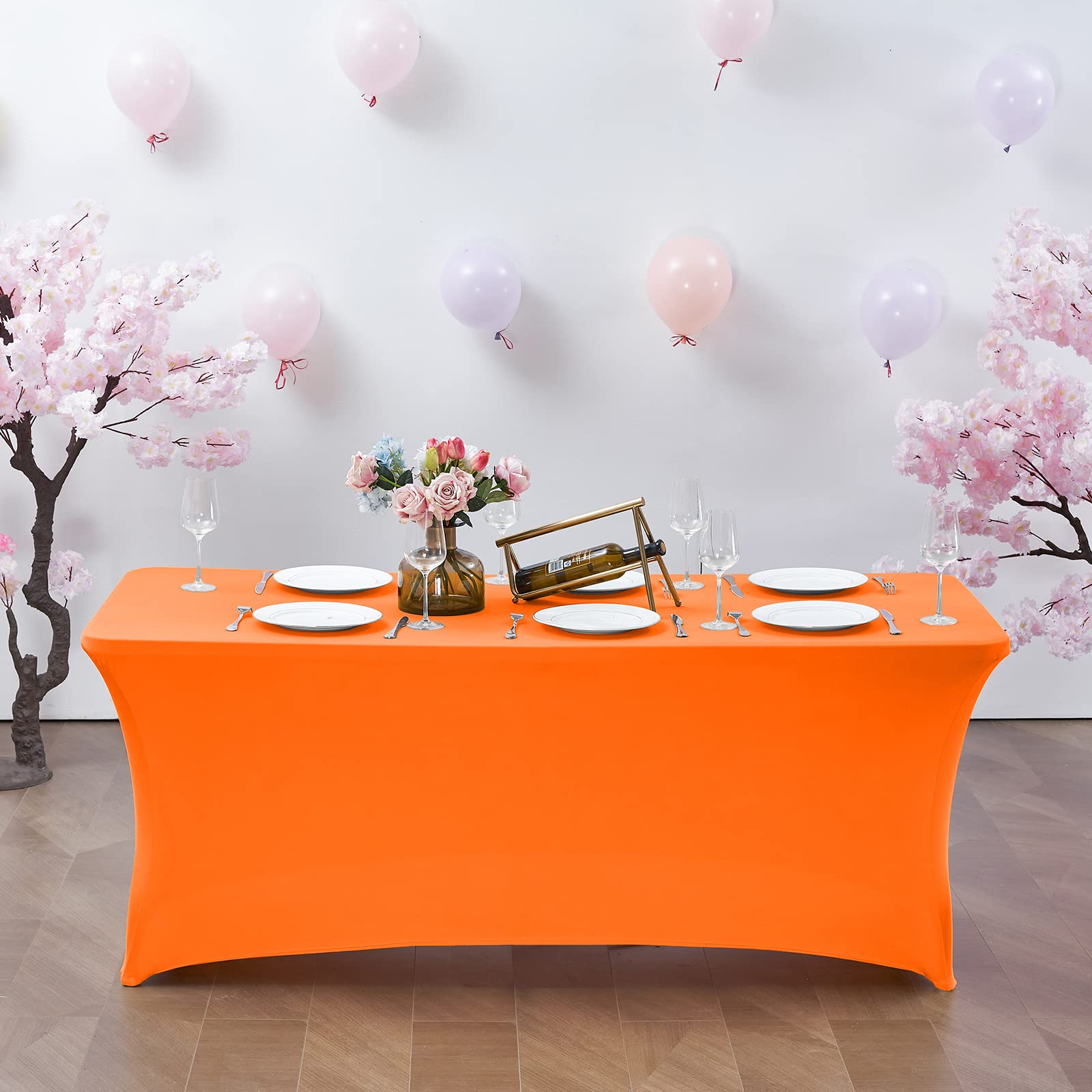CWK 6FT Stretch Spandex Table Cover - Elastic Fitted Tablecloth for Rectangular & Folding Tables, Wrinkle Resistant & Durable Party Table Protector for Weddings, Banquets, Events (Light Orange) - Perfect for Indoor/Outdoor Dining, Buffets, and Special Occasions