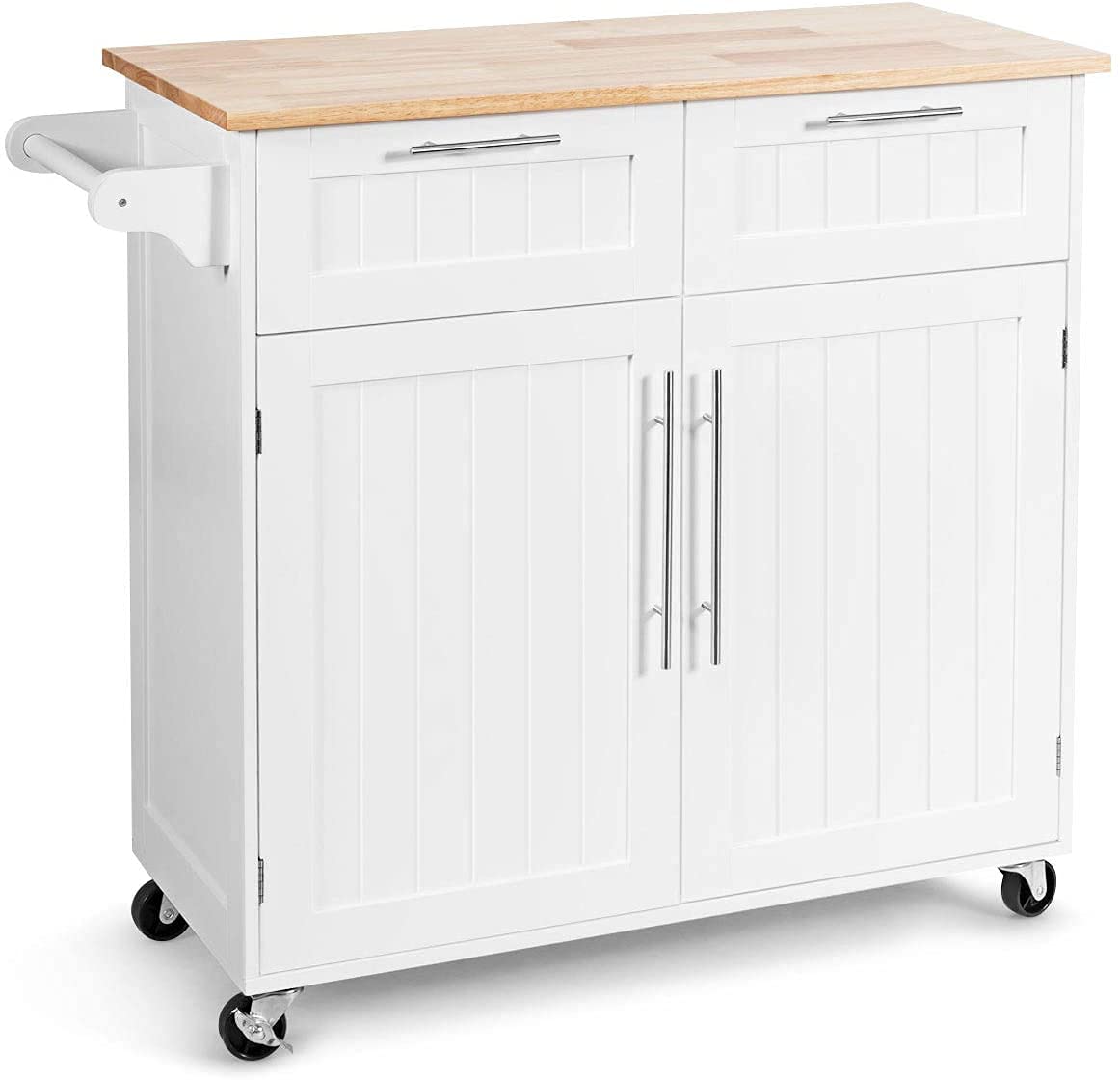 MAT Expert Kitchen Island Cart on Wheels - Rolling Storage Trolley with 2 Drawers, Large Cabinet & Wood Top - White Kitchen Utility Cart for Serving, Prep & Storage - Perfect for Small Kitchens, Dining Rooms & Mobile Cooking Stations