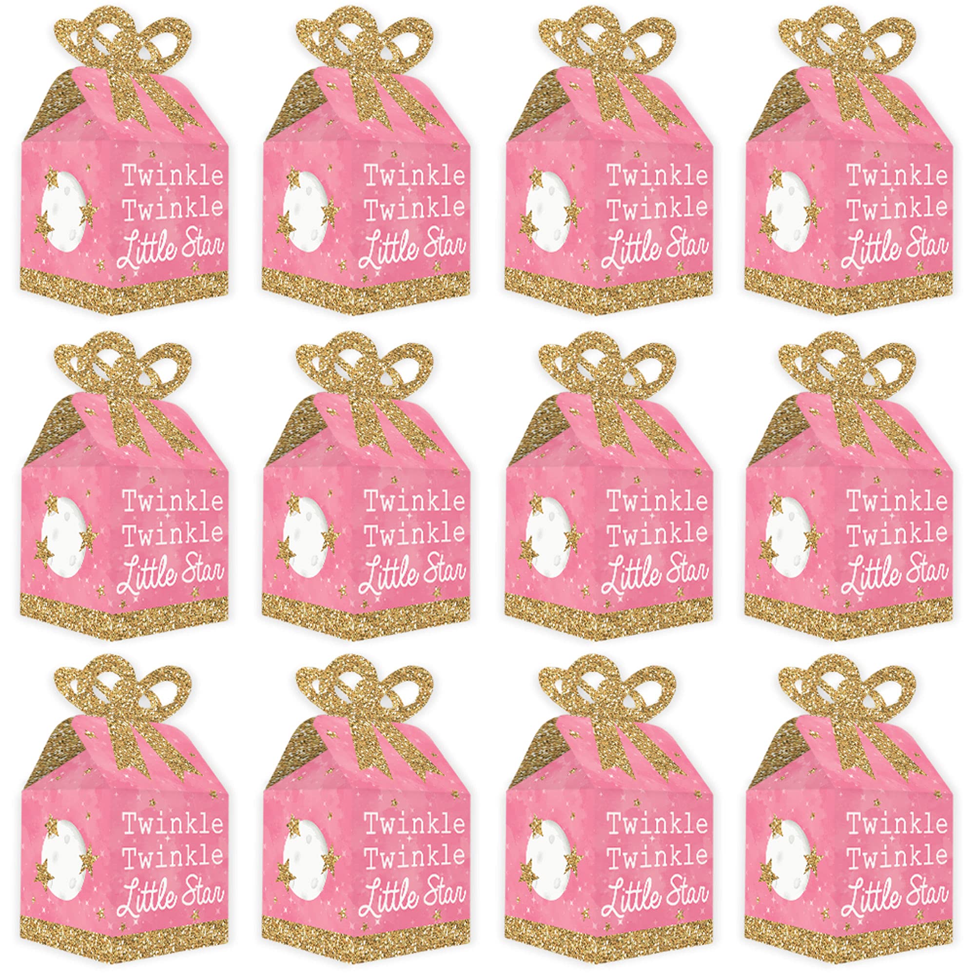 Big Dot of Happiness Pink Twinkle Twinkle Little Star Favor Gift Boxes - Set of 12 Square Baby Shower & Birthday Party Bow Boxes - Perfect for Newborn Celebrations, 1st Birthday Decorations & Special Event Favors