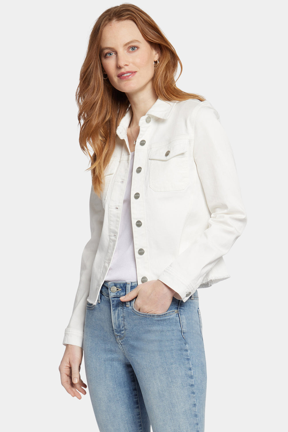 Stylish Frayed Hem Denim Jacket in Optic White - Perfect for Casual Outfits & Streetwear Looks