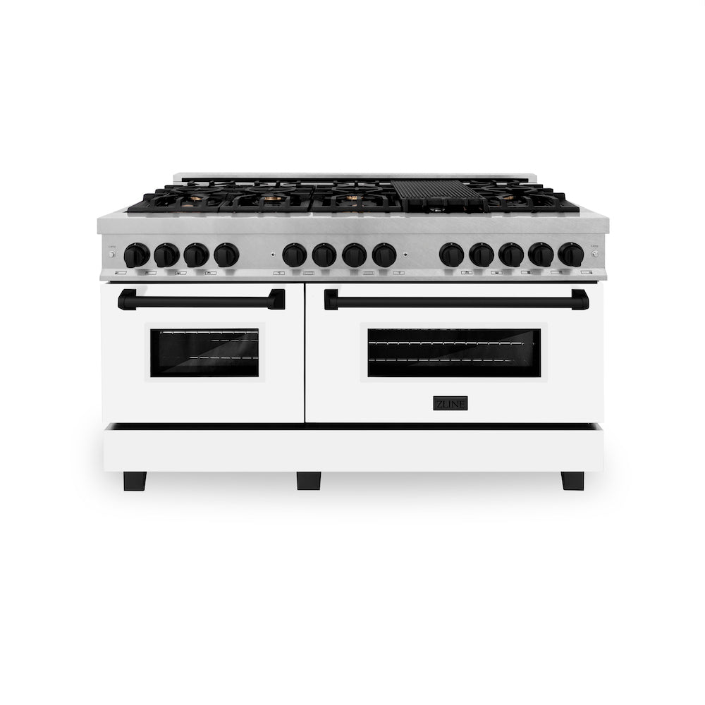 ZLINE Autograph Edition 60-inch 7.4 cu. ft. Dual Fuel Range with 9-Burner Gas Cooktop & 2 Electric Convection Ovens - Satin Stainless Steel with White Matte Doors & Matte Black Accents (RASZ WM 60 MB) | Professional Kitchen Appliance for Home Chefs & Cooking Enthusiasts