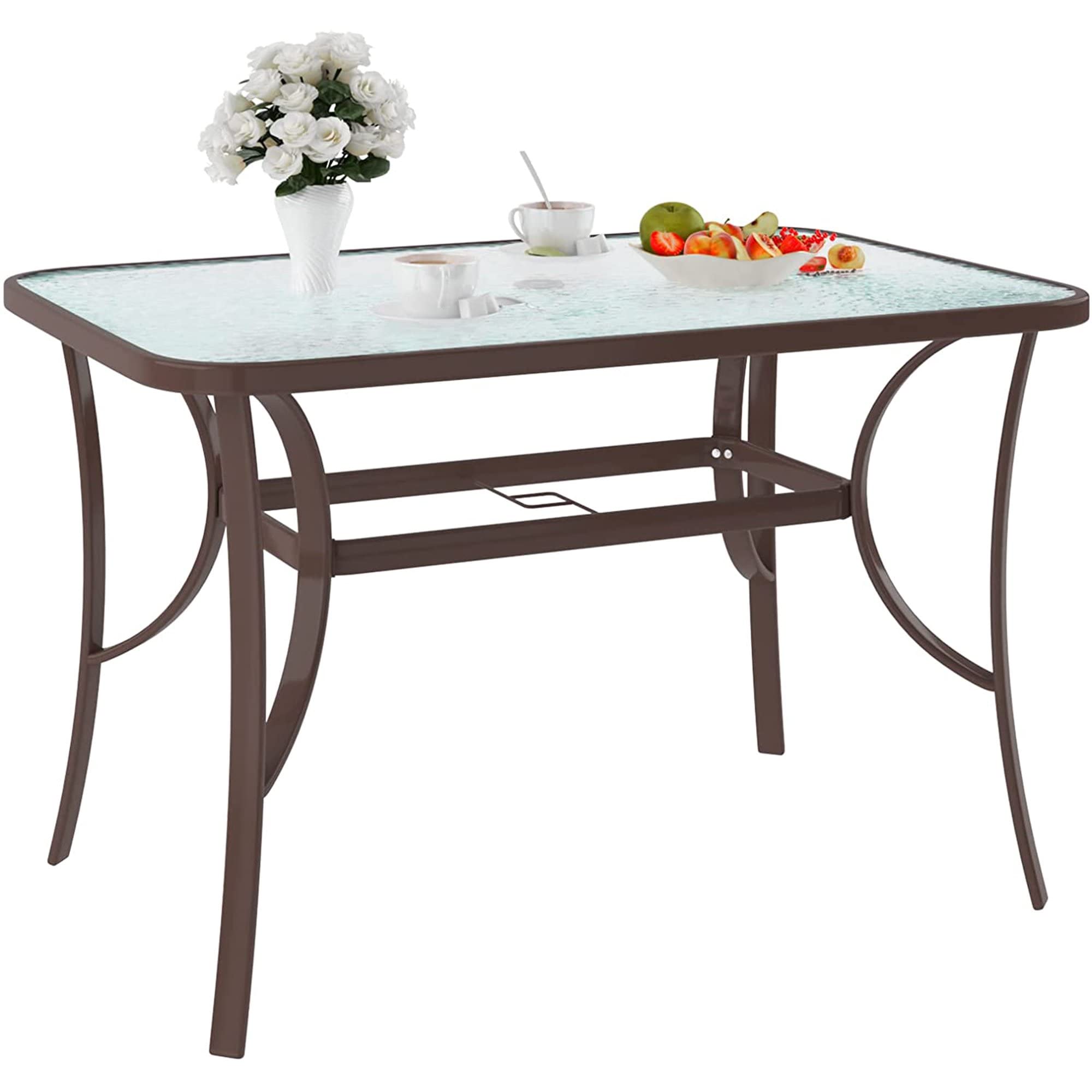 SogesPower 47 Inch Outdoor Tempered Glass Patio Dining Table with Umbrella Hole - Weather-Resistant Steel Frame in Elegant Brown - Perfect for Backyard, Garden, Poolside & Outdoor Entertaining