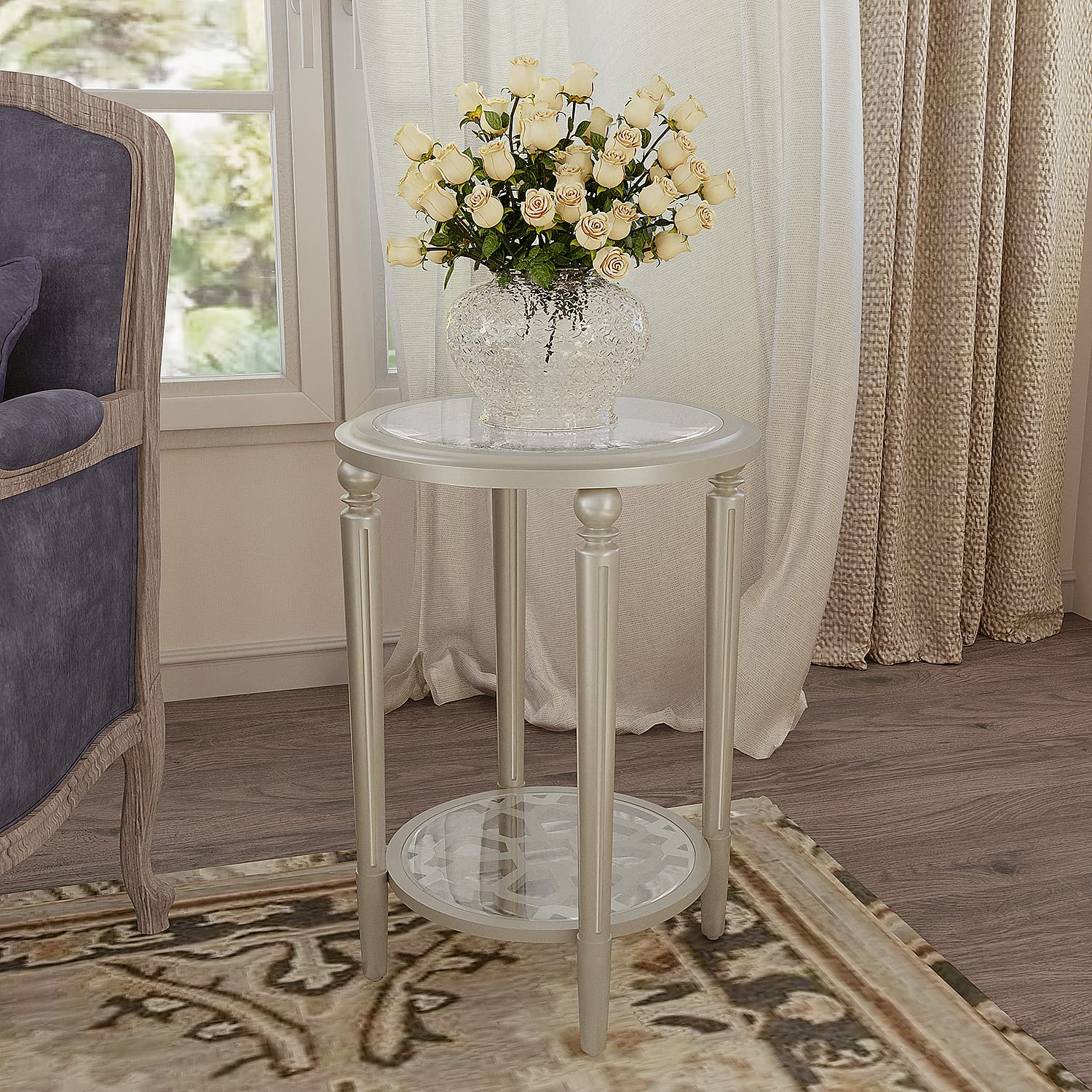 Modern Round Side Table with Champagne Tempered Glass - 2-Tier Storage End Table for Living Room, Bedroom & Office - Perfect for Small Spaces, Coffee Table Alternative, Nightstand or Accent Furniture