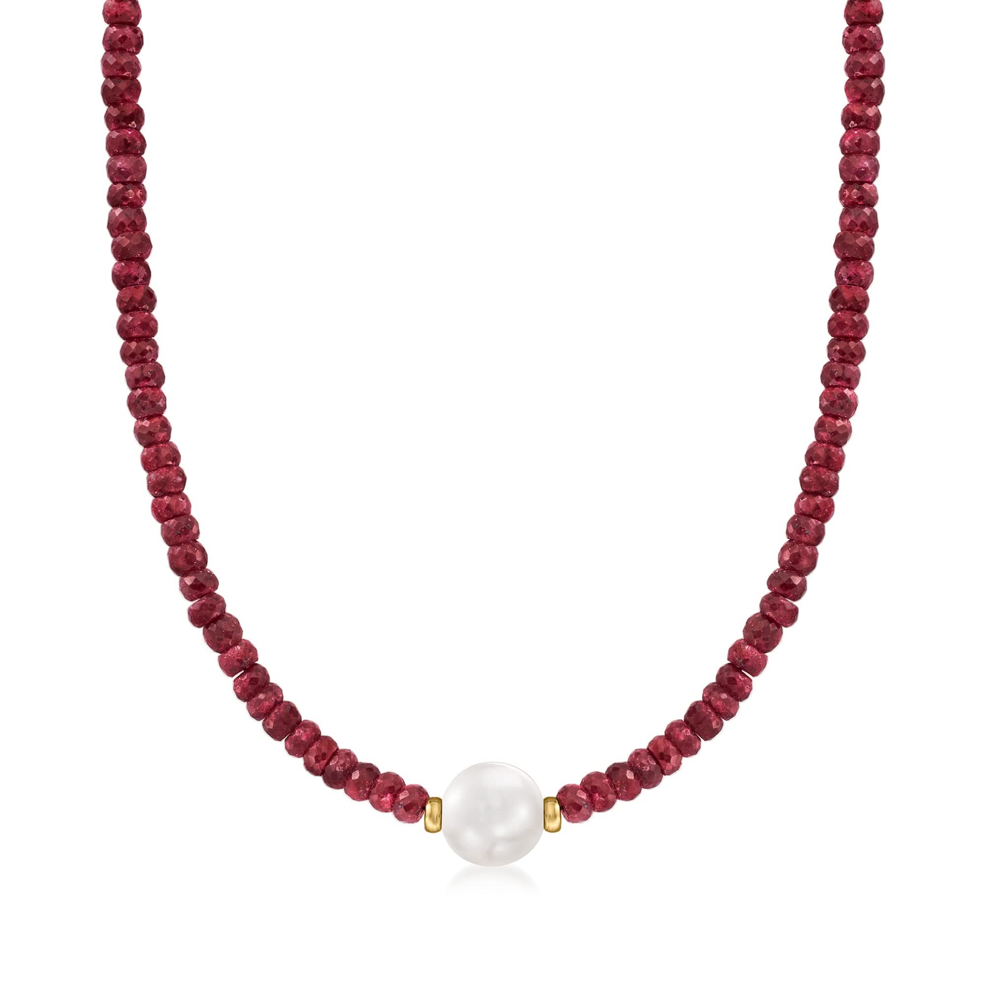 Ross-Simons 11.5-12.5mm Cultured Pearl & 75ct Ruby Bead Necklace in 14K Yellow Gold - Elegant Jewelry for Weddings, Parties & Special Occasions