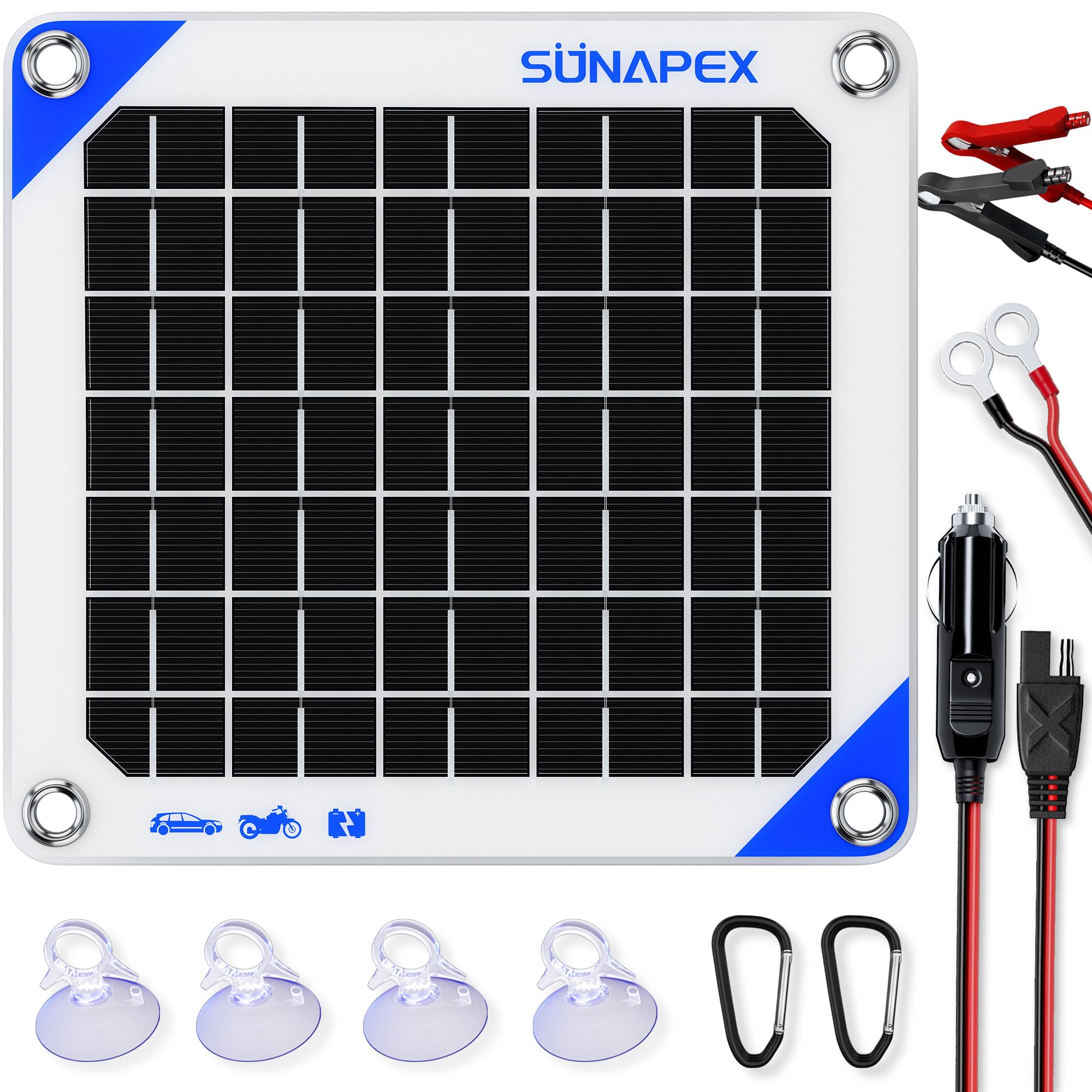 SUNAPEX 5W 12V Solar Battery Charger - Waterproof for Car, Boat, RV