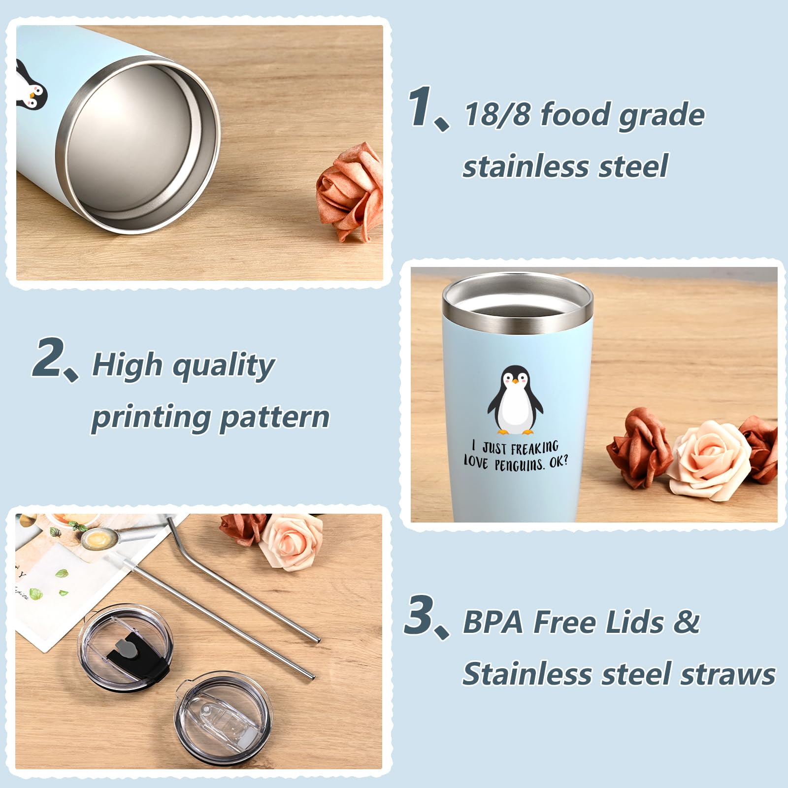 LiqCool 20oz Stainless Steel Tumbler with Lid & Straw - Cute Penguin Design Gift for Women & Men - Perfect Christmas, Birthday Present for Penguin Lovers - Light Blue Insulated Cup for Coffee, Tea & Cold Drinks at Home, Office or Travel