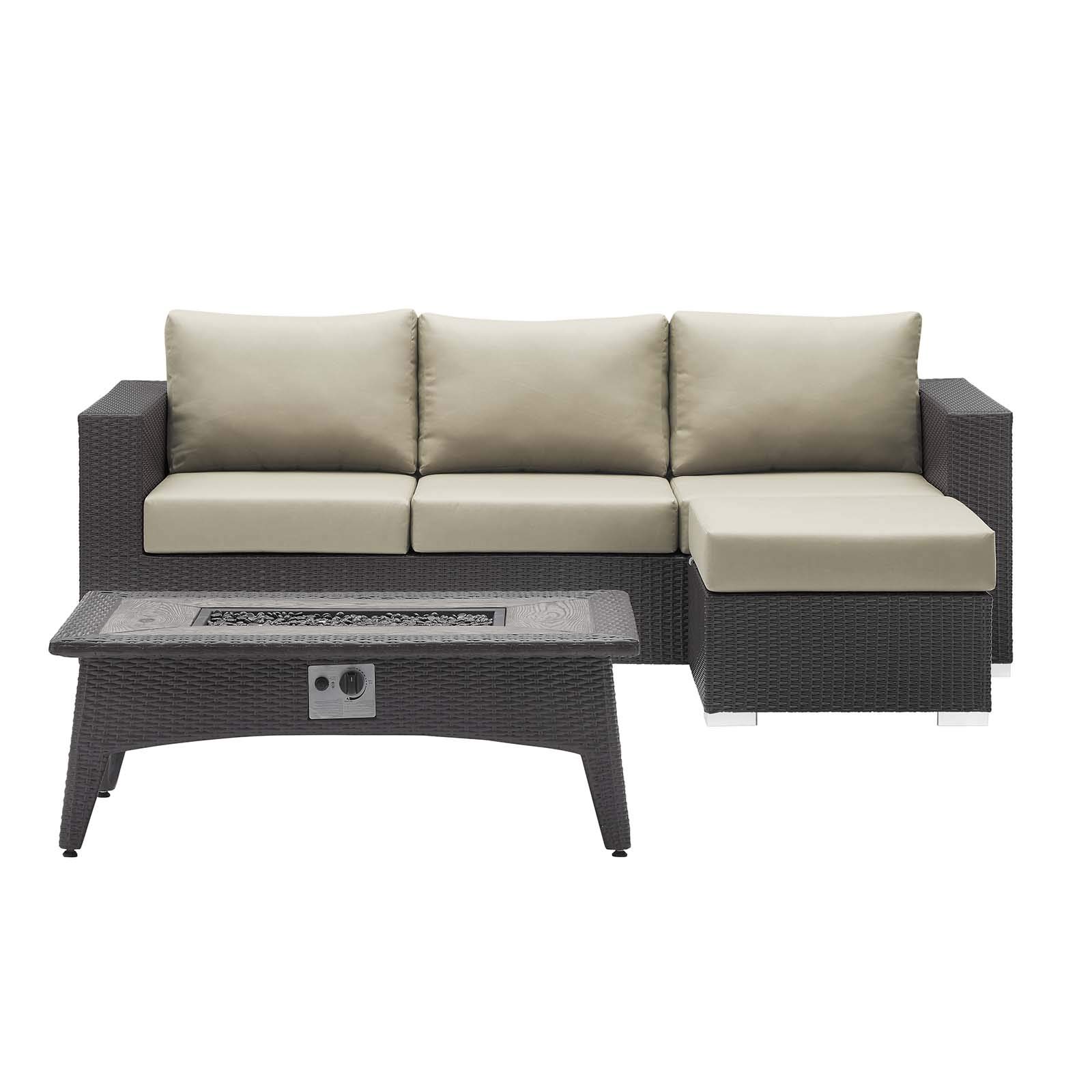 Modern Outdoor Patio Lounge Set - 3-Piece Wicker Sofa, Chair & Coffee Table with Fire Pit - Beige Rattan Furniture for Backyard, Garden, Poolside Relaxation