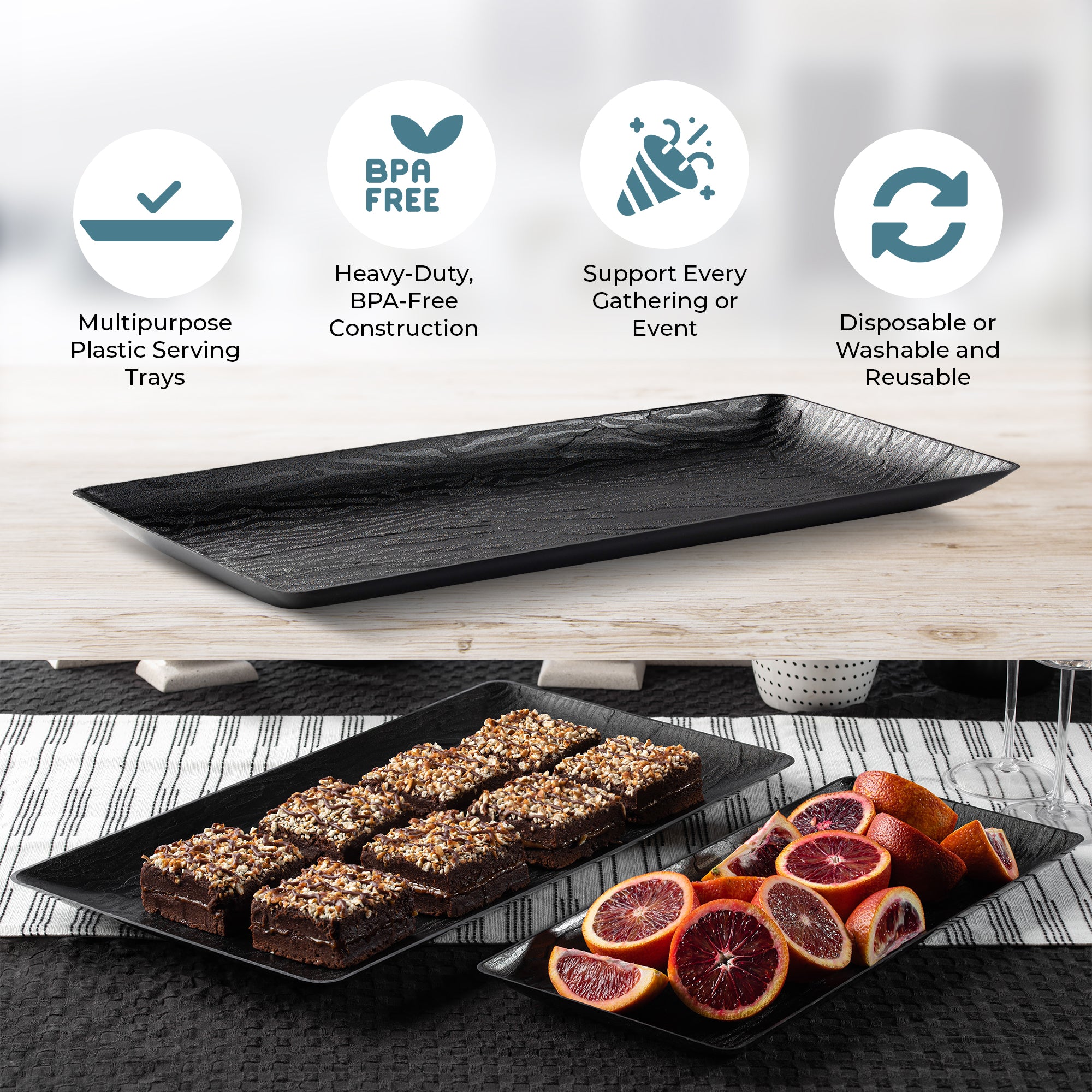 6.25 x 14 Inch Rectangle Black Serving Tray Set of 5 - Durable Plastic Serving Trays for Dining, Buffet, Party, Kitchen & Home Decor