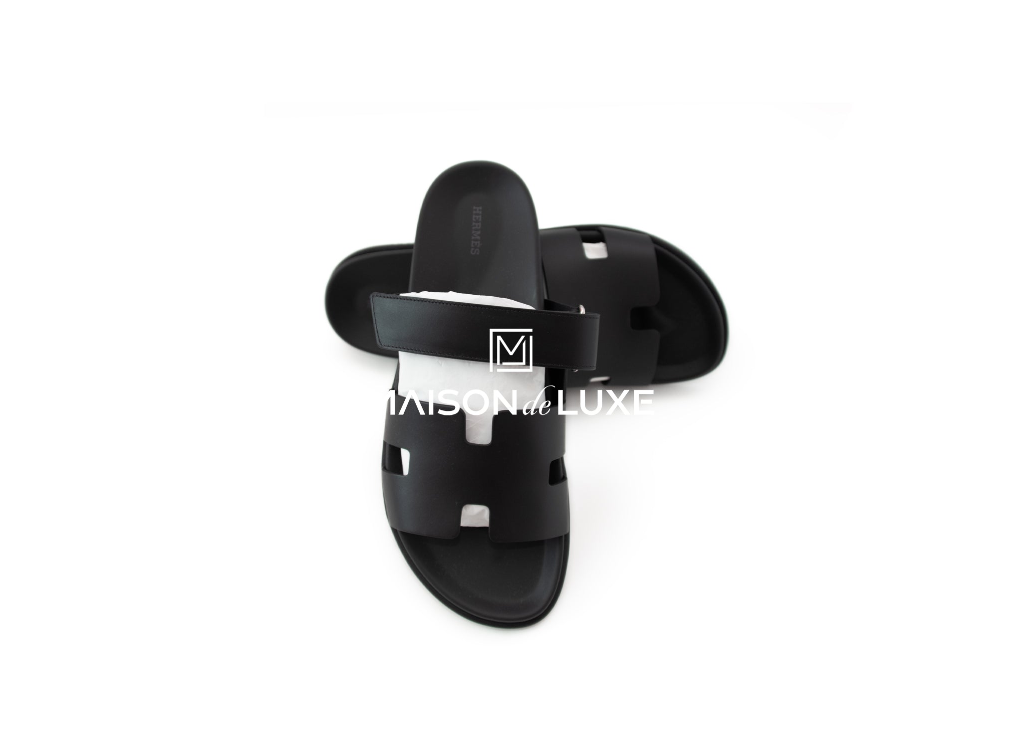 Hermes Men's Black Chypre Sandal Size 45 - Luxury Leather Slides for Summer, Beach & Casual Wear