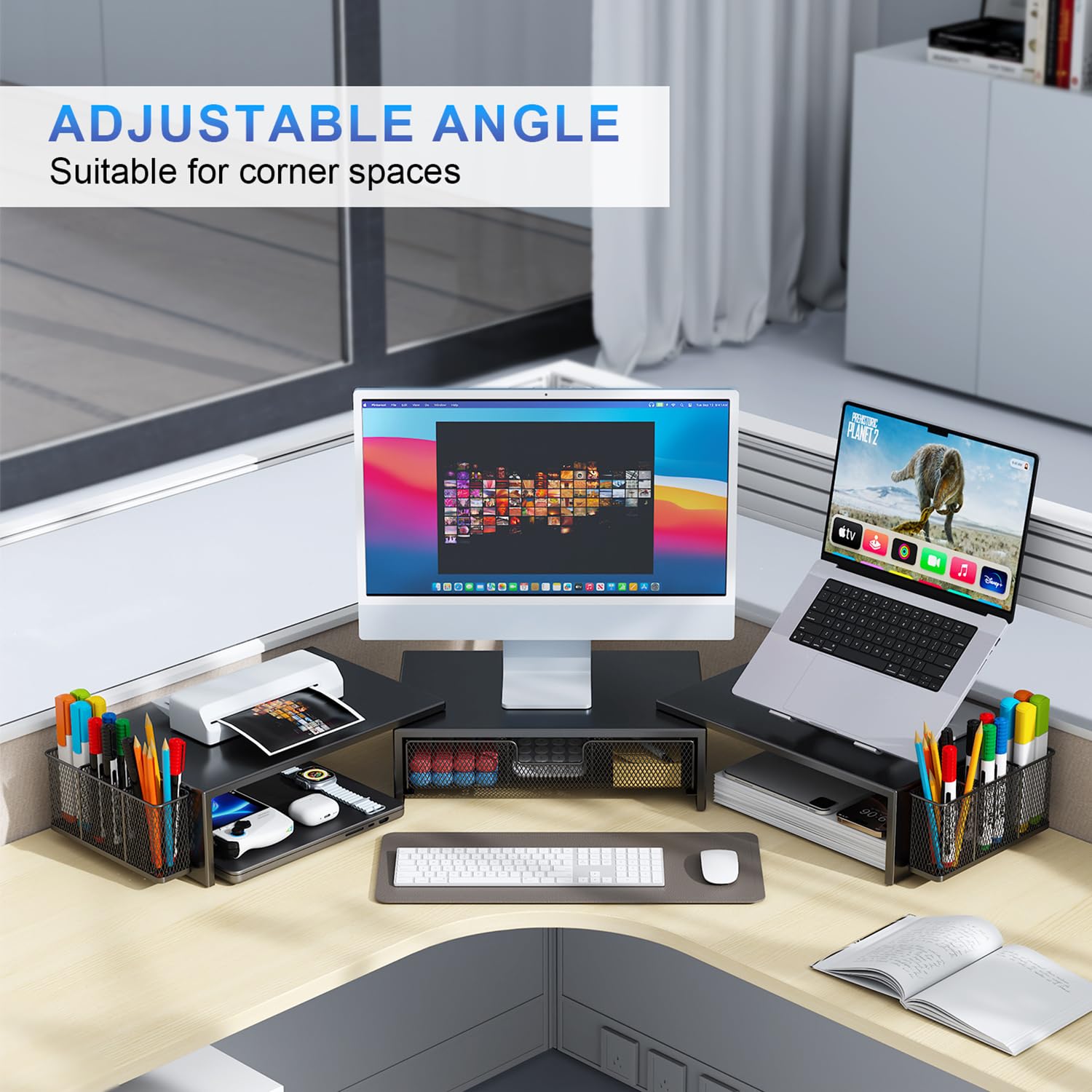 Gianotter Dual Monitor Stand Riser with Drawer & Pen Holders - Adjustable Desk Organizer Shelf for Computer Monitors, Laptops & Office Accessories - Perfect for Home Office, Gaming Setup & Workspace Organization (Black)