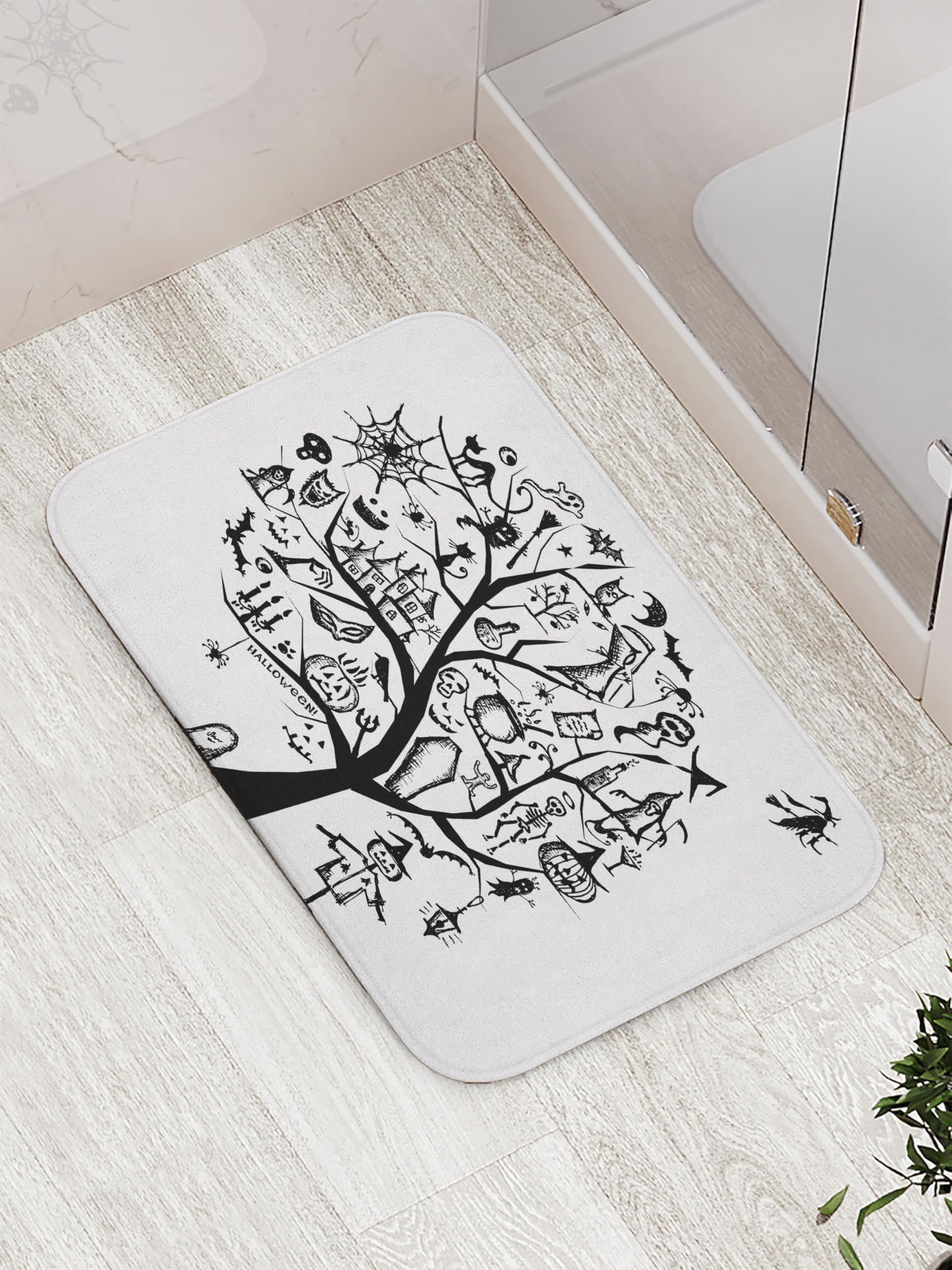 Ambesonne Halloween Bath Mat - Spooky Tree & Witch Broom Design, Non-Slip Plush Bathroom Rug, 30.2 x 20 Inches, Black & White - Perfect for Halloween Decor, Witch-Themed Bathrooms & Spooky Home Accessories