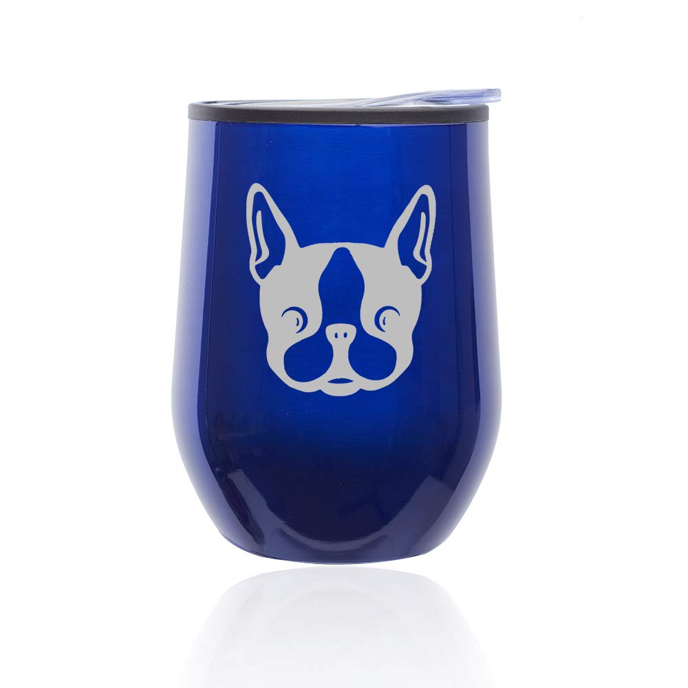 Stemless Wine Tumbler with Lid - Insulated Coffee Travel Mug Glass - Cute Boston Terrier Puppy Design (Blue) - Perfect for Hot/Cold Drinks, Office, Picnics & Gifts