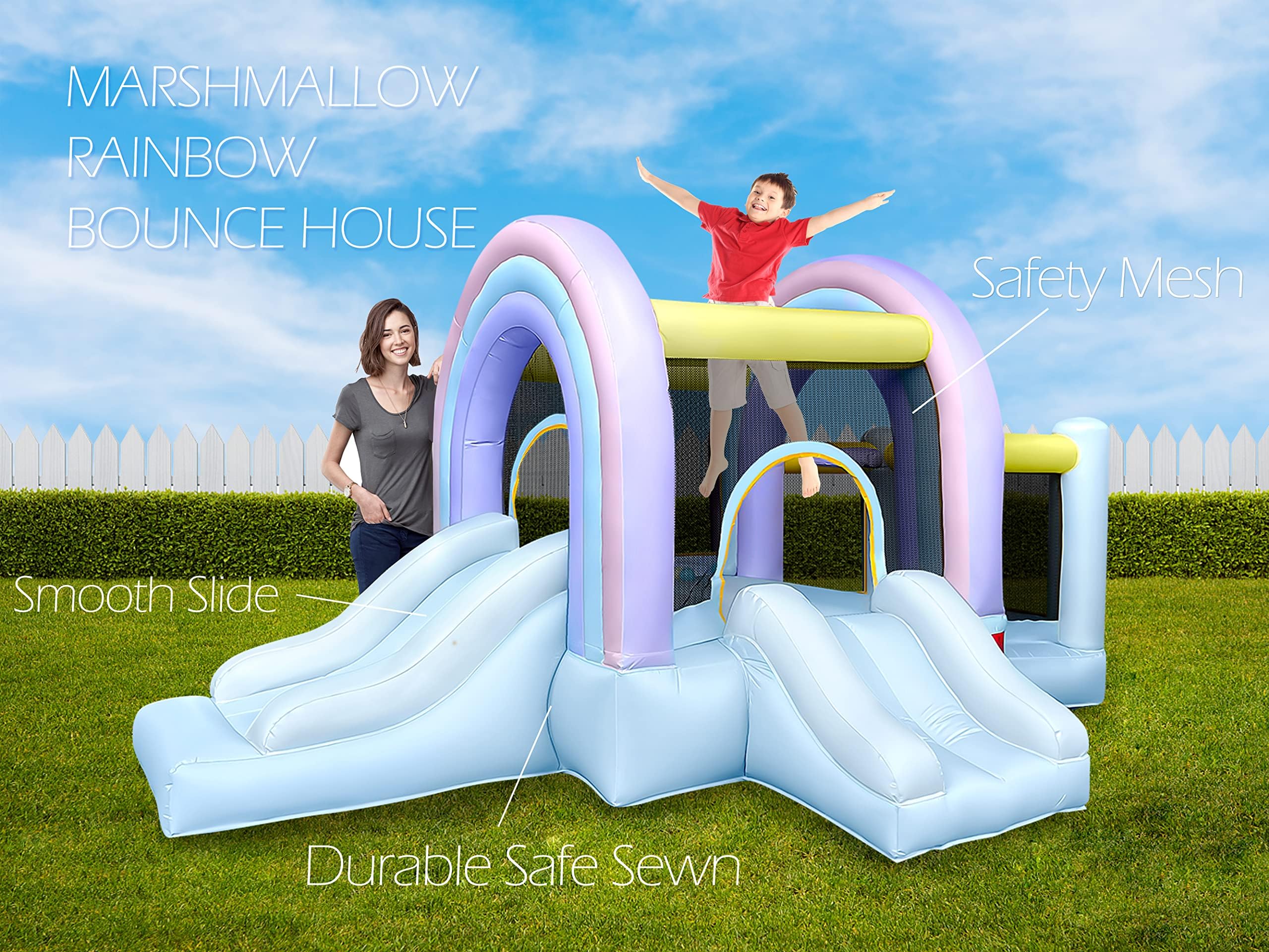 RETRO JUMP Inflatable Bounce House for Kids - Blue Marshmallow Bouncy Castle with Slide, Ball Play Room & Basketball Hoop | Outdoor Inflatable Playhouse with Blower, Balls, Patch Kits & Stakes | Perfect for Birthday Parties, Backyard Fun & Outdoor Playdates