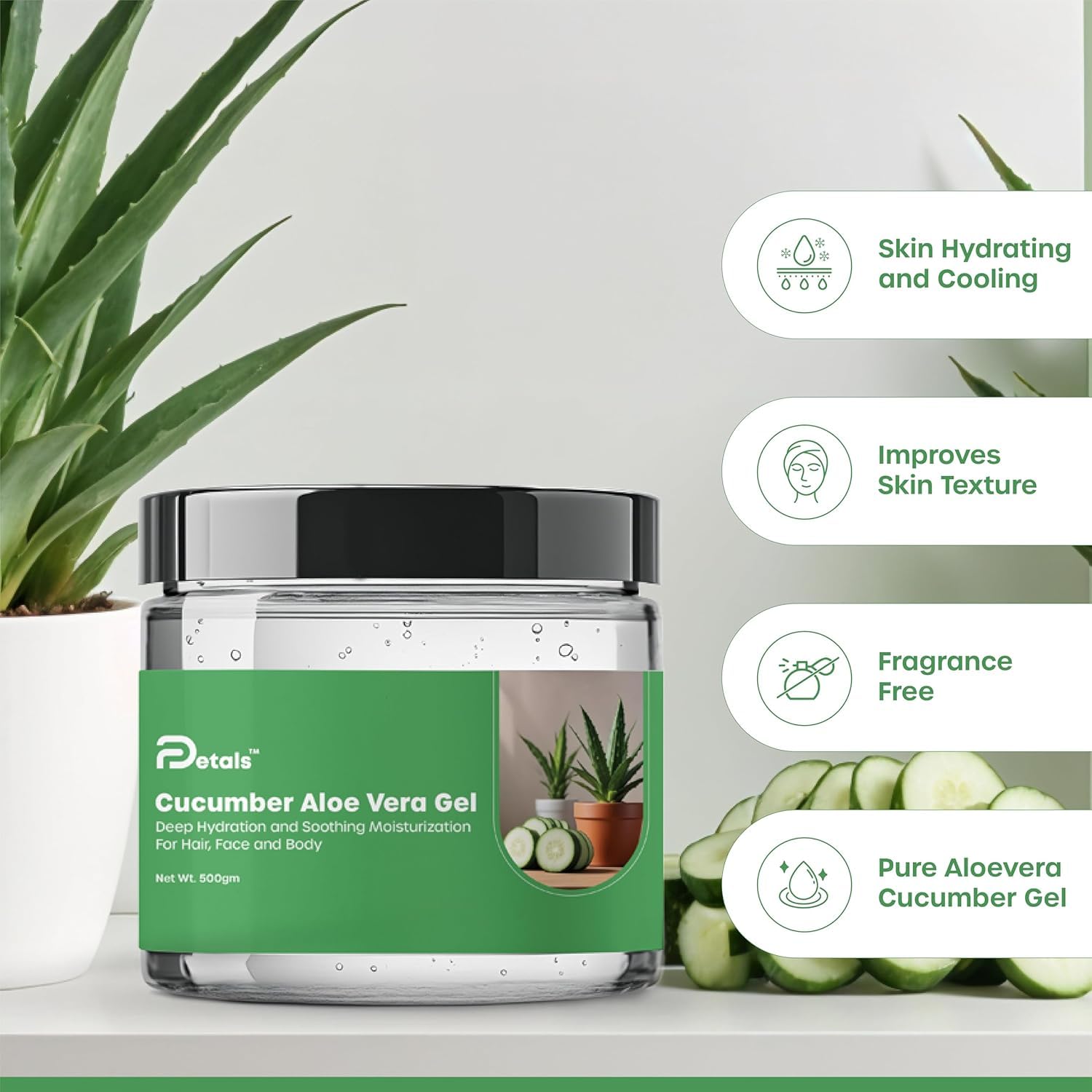 DPetals Aloe Vera Cucumber Gel - Deep Hydrating & Soothing Moisturizer for Hair, Face & Body (200g) | Perfect for Sunburn Relief, After-Sun Care & Daily Skin Hydration
