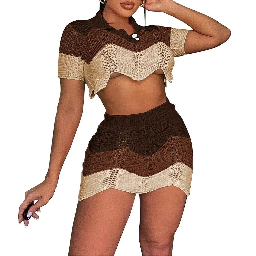 Aladeno Women's Sexy Knitted 2-Piece Dress Outfit - Hollow Out Crop Top & Bodycon Skirt Set | Clubwear, Date Night, Party Dress