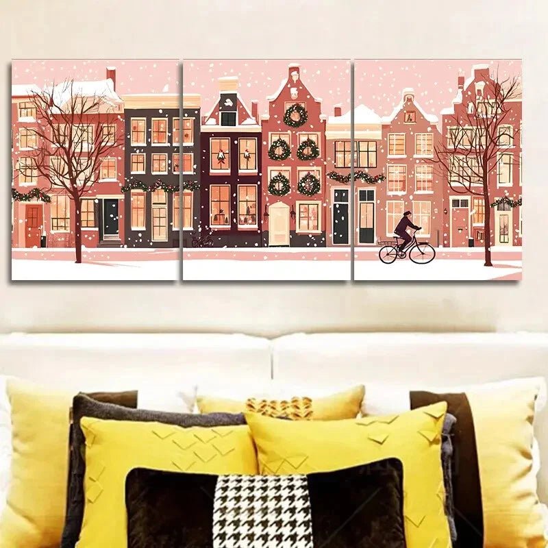 3-Piece Winter Holiday Snowy Rooftops Wall Art Set - Framed Canvas Prints 40x60cm - High Quality Australian Made Ready-to-Hang Decor for Living Room, Bedroom & Office