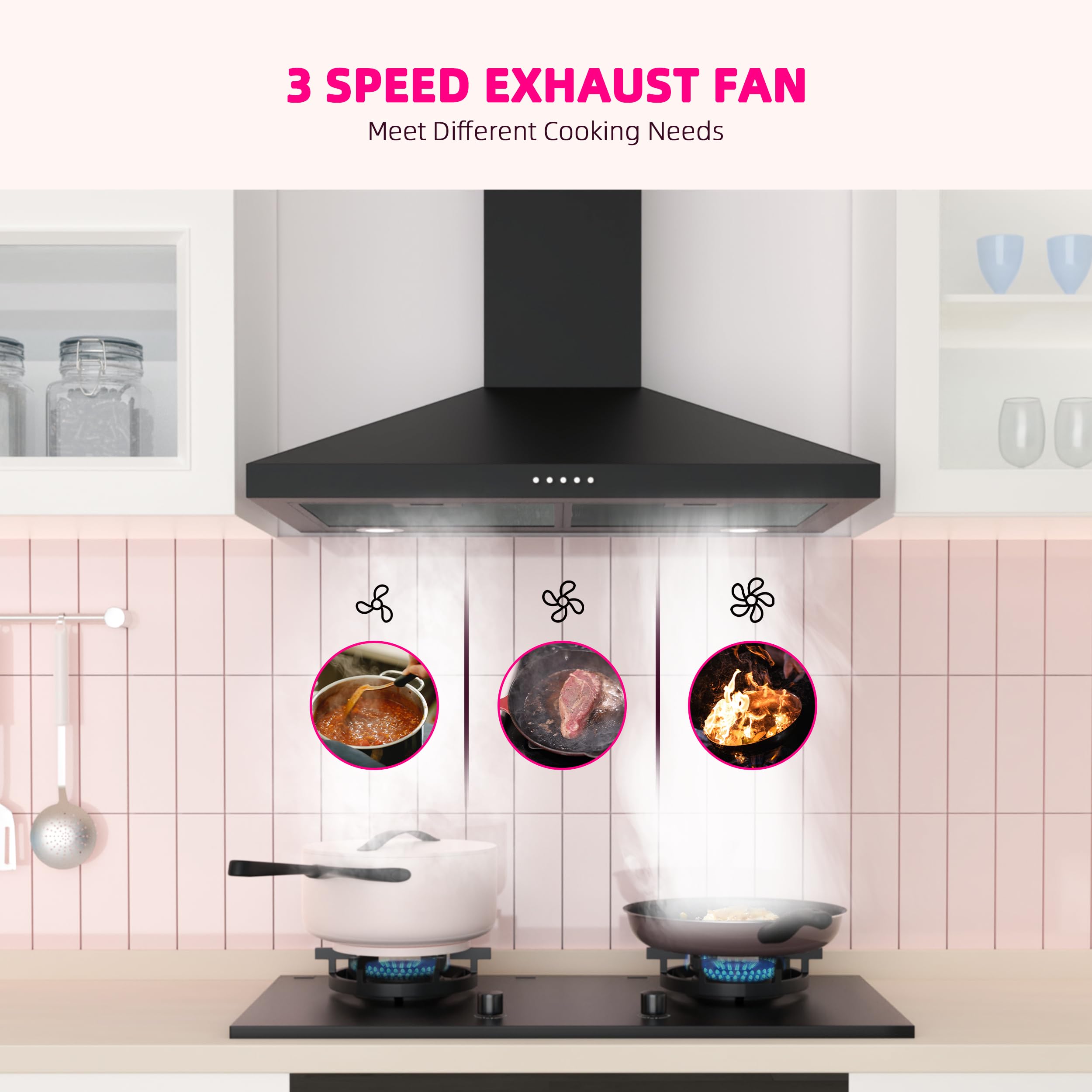 FIREGAS 30 Inch Black Stainless Steel Range Hood - 450 CFM Wall Mount Kitchen Vent with 3-Speed Exhaust Fan & LED Lights | Ducted/Ductless Convertible Design | Includes Charcoal Filters | Perfect for Modern Kitchens, Restaurants & Open-Concept Homes