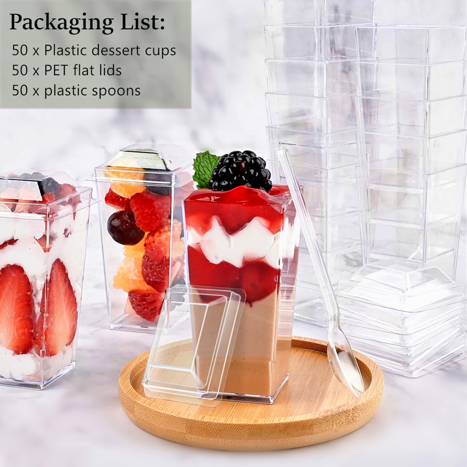 TOFLEN 50 Pack 3 oz Clear Plastic Square Mini Dessert Cups with Lids & Spoons - Perfect for Party, Yogurt, Parfait, Cheesecake, Pudding, Jello & Appetizers | Great for Catering, Wedding Favors, Baby Showers & Dessert Bars