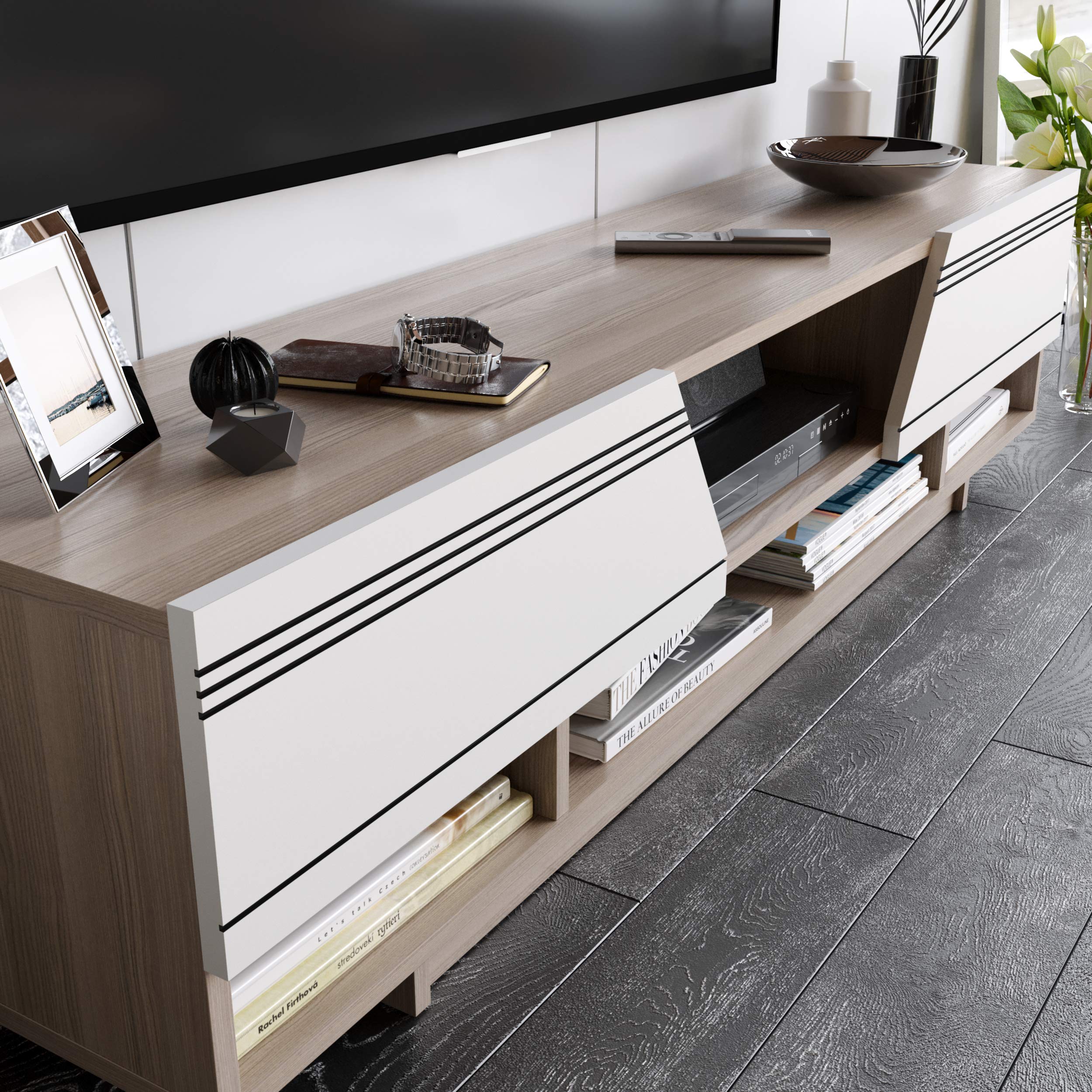 Decorotika Aspatria TV Stand for up to 65 Inch TVs - Modern Entertainment Center with Storage (White & Cordoba) - Perfect for Living Room, Bedroom & Home Theater Setup