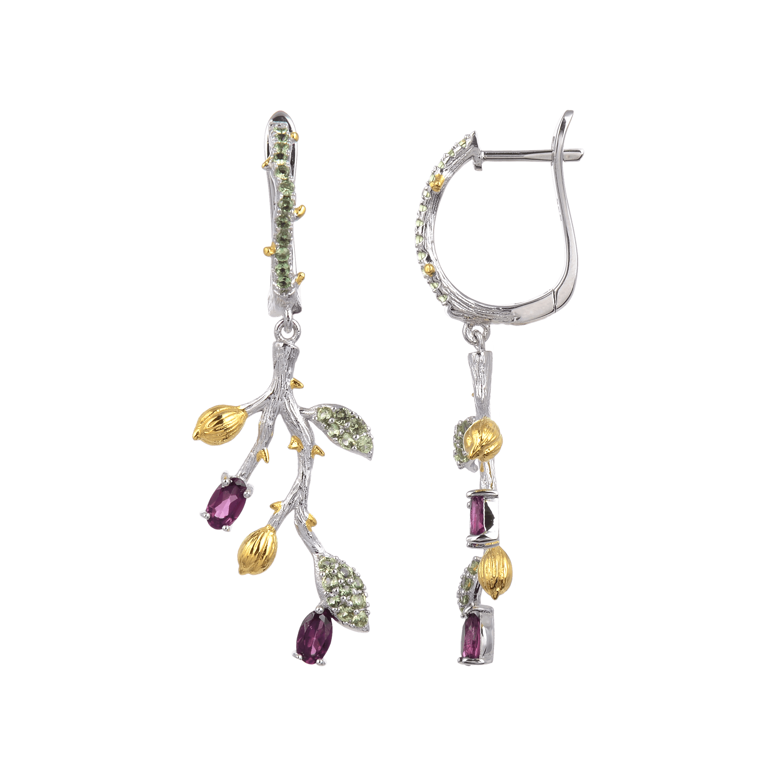 Rhodolite Garnet Leaf Dangle Earrings for Women - Elegant Bohemian Jewelry for Party, Wedding & Everyday Wear