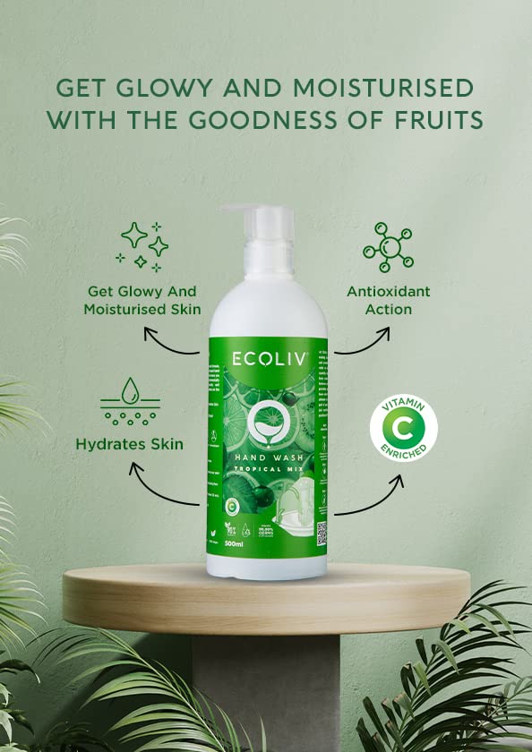 Ecoliv Tropical Scent Hand Wash Refill Pouch 1L (Pack of 2) | 170ml Concentrate Liquid Soap | pH 5.5 Gentle Formula | Mix with Water for Instant Foaming Hand Wash | Perfect for Kitchen, Bathroom & Office Use