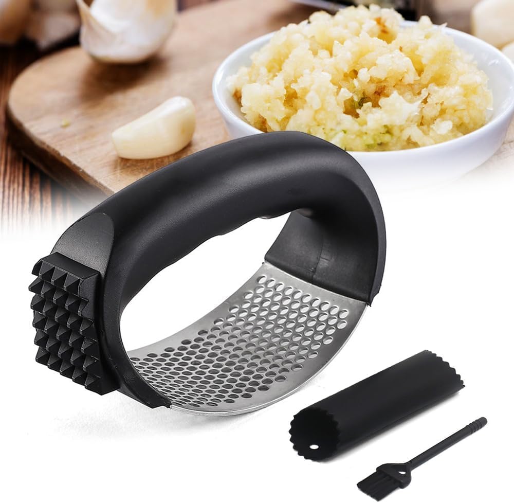 Premium Stainless Steel Garlic Press & Mincer - Heavy Duty Garlic Chopper with Peeler & Cleaning Brush - Professional Kitchen Tool for Crushing Garlic Cloves - Perfect for Cooking, Meal Prep & Italian Cuisine (Black)
